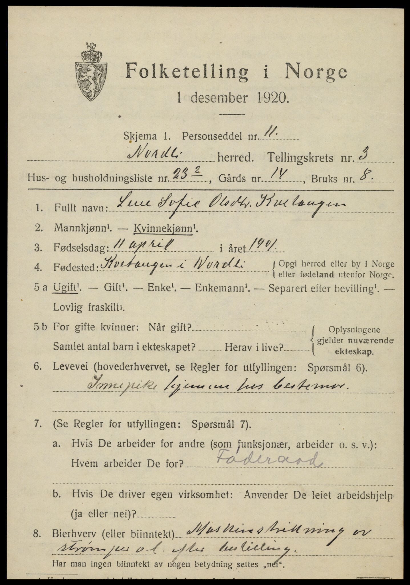 SAT, 1920 census for Nordli, 1920, p. 1647