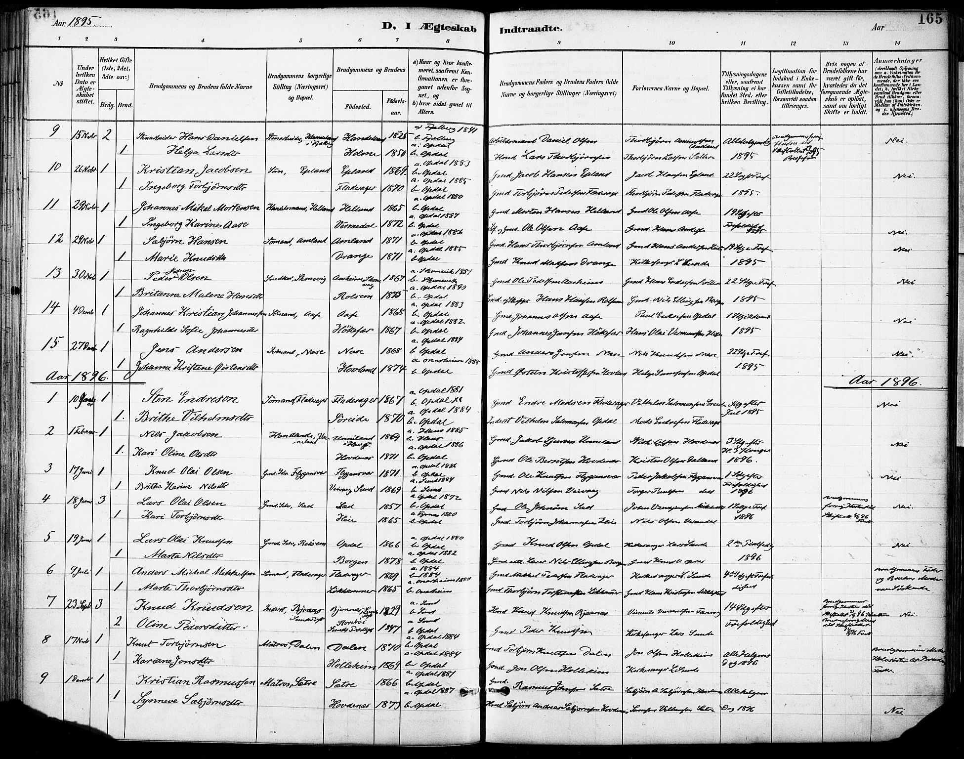 Tysnes sokneprestembete, SAB/A-78601/H/Haa: Parish register (official) no. D 1, 1887-1904, p. 165