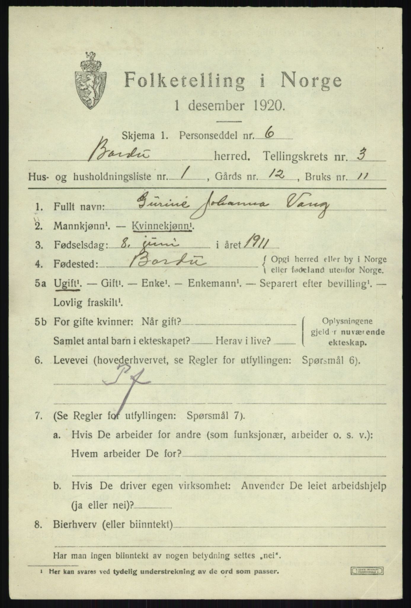 SATØ, 1920 census for Bardu, 1920, p. 1167