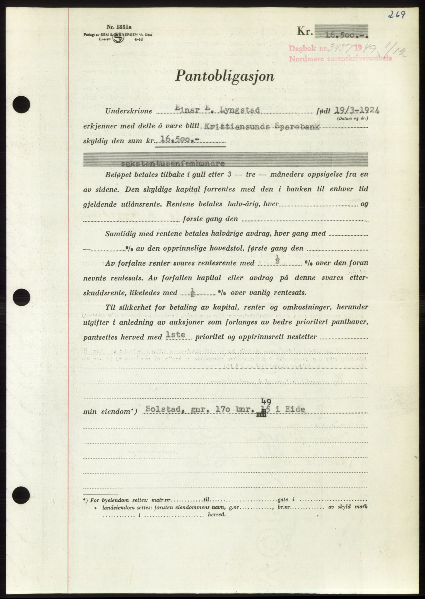 Nordmøre sorenskriveri, AV/SAT-A-4132/1/2/2Ca: Mortgage book no. B103, 1949-1950, Diary no: : 3437/1949