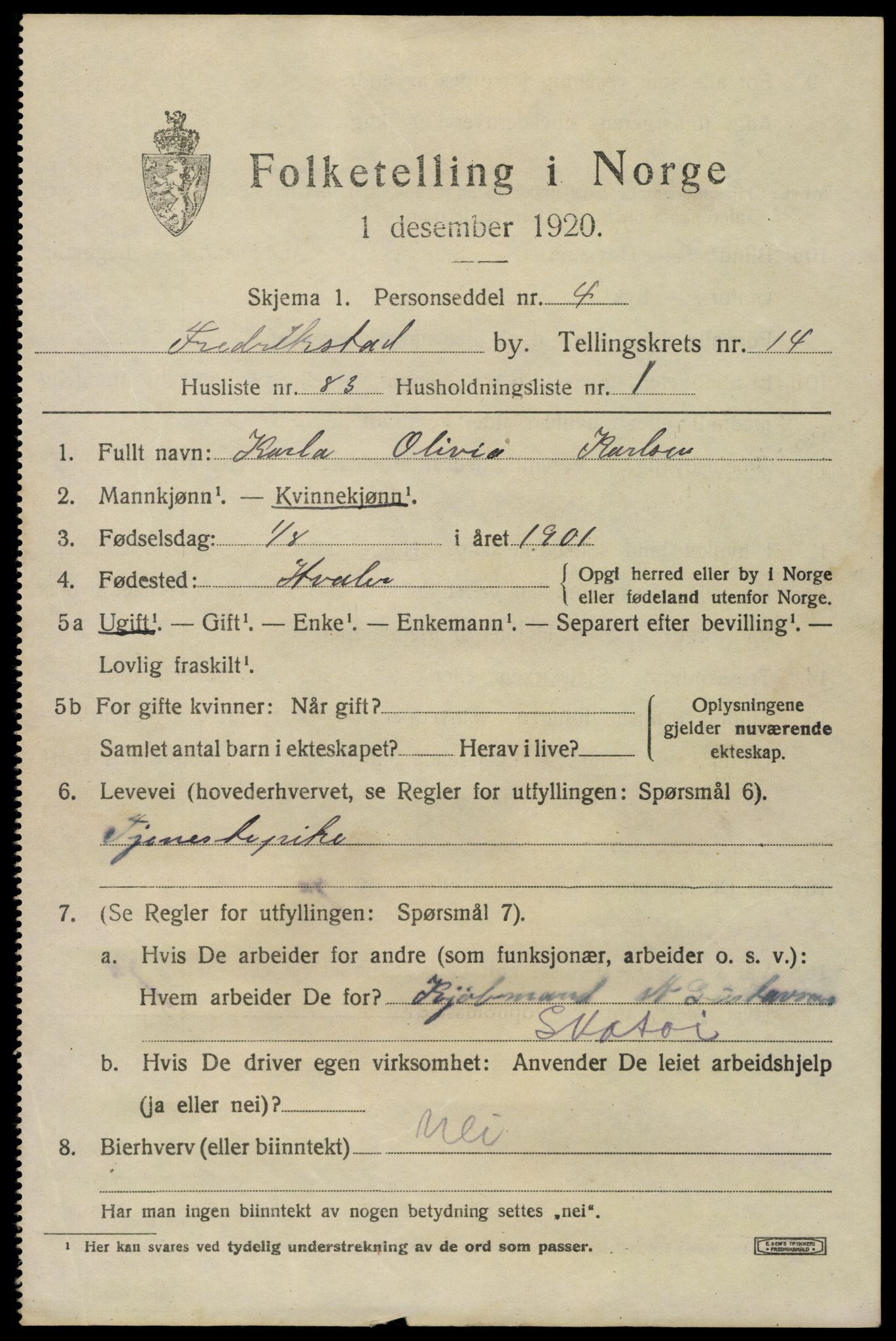 SAO, 1920 census for Fredrikstad, 1920, p. 34849