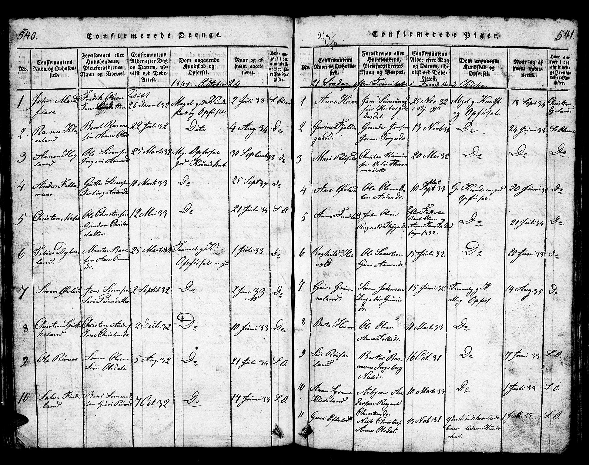Bjelland sokneprestkontor, SAK/1111-0005/F/Fb/Fbb/L0003: Parish register (copy) no. B 3, 1816-1868, p. 540-541