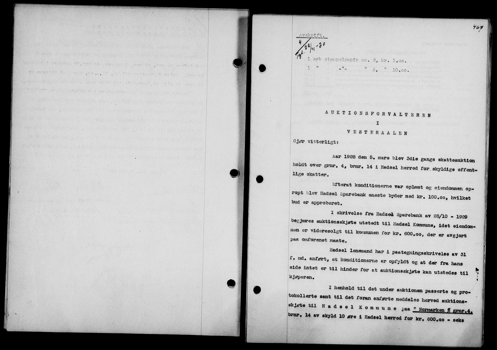 Vesterålen sorenskriveri, SAT/A-4180/1/2/2Ca/L0050: Mortgage book no. 43, 1929-1930, Deed date: 22.04.1930