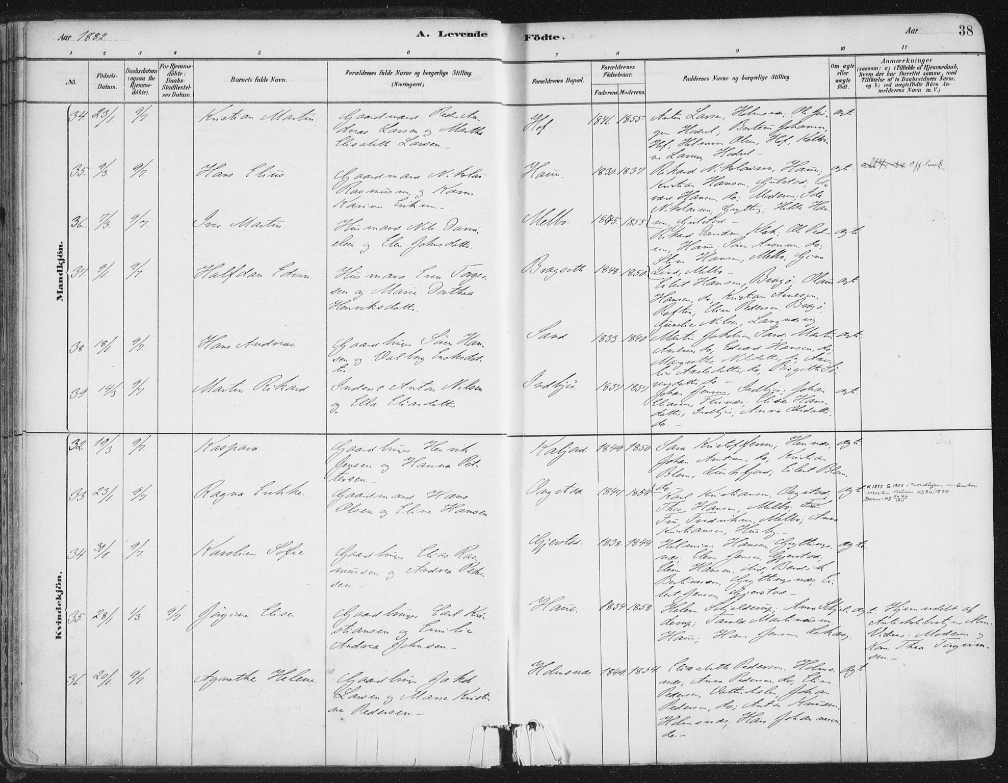 Ministerialprotokoller, klokkerbøker og fødselsregistre - Nordland, AV/SAT-A-1459/888/L1244: Parish register (official) no. 888A10, 1880-1890, p. 38