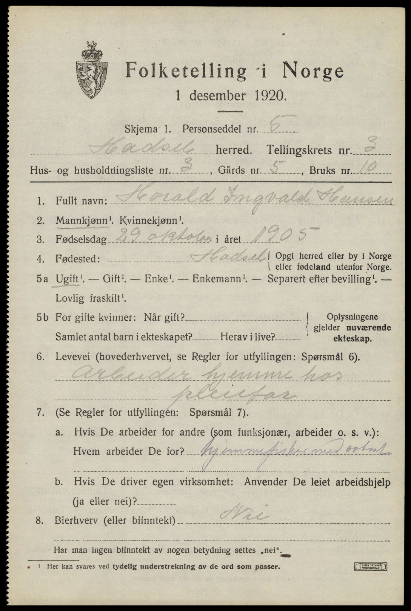 SAT, 1920 census for Hadsel, 1920, p. 5088