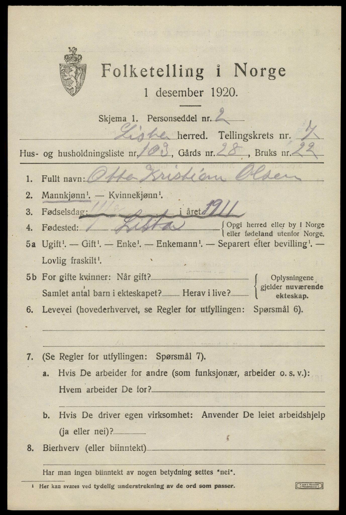 SAK, 1920 census for Lista, 1920, p. 7807