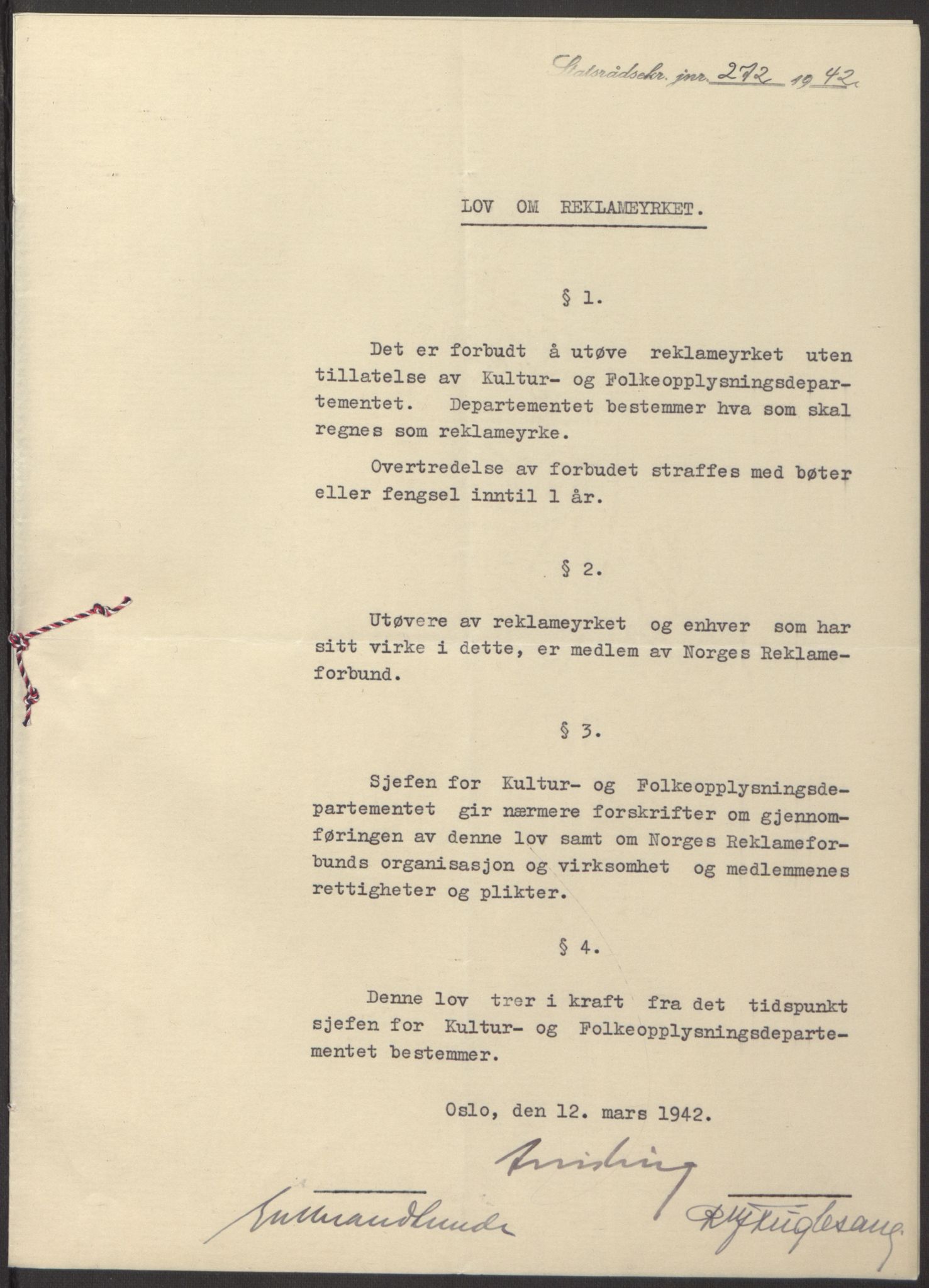 NS-administrasjonen 1940-1945 (Statsrådsekretariatet, de kommisariske statsråder mm), RA/S-4279/D/Db/L0097: Lover I, 1942, p. 140