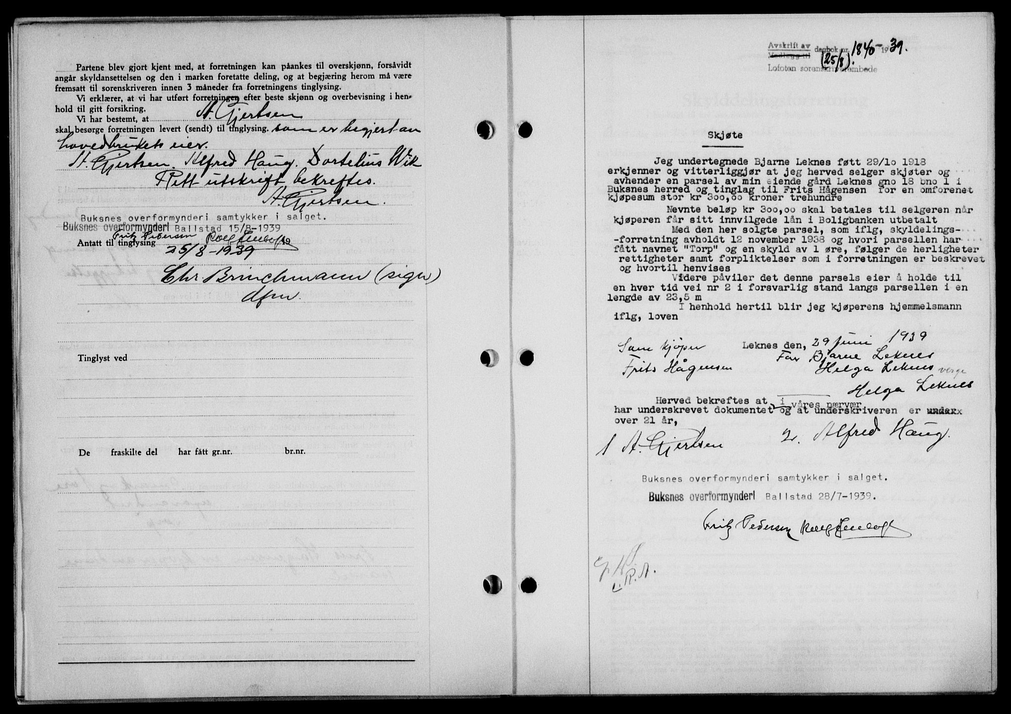 Lofoten sorenskriveri, SAT/A-0017/1/2/2C/L0006a: Mortgage book no. 6a, 1939-1939, Diary no: : 1840/1939