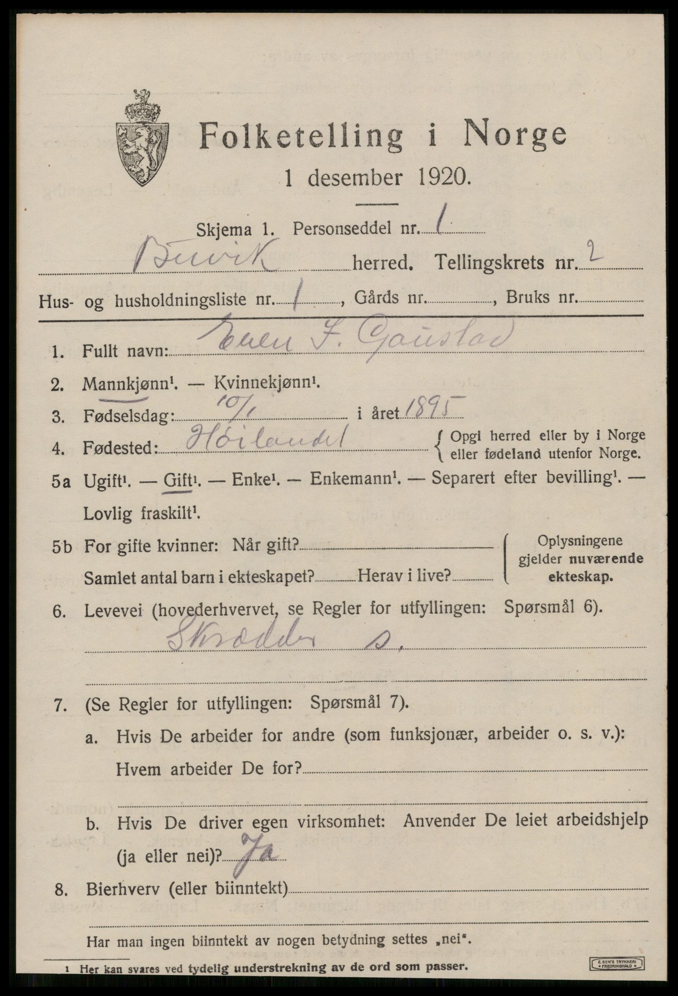 SAT, 1920 census for Buvik, 1920, p. 1228