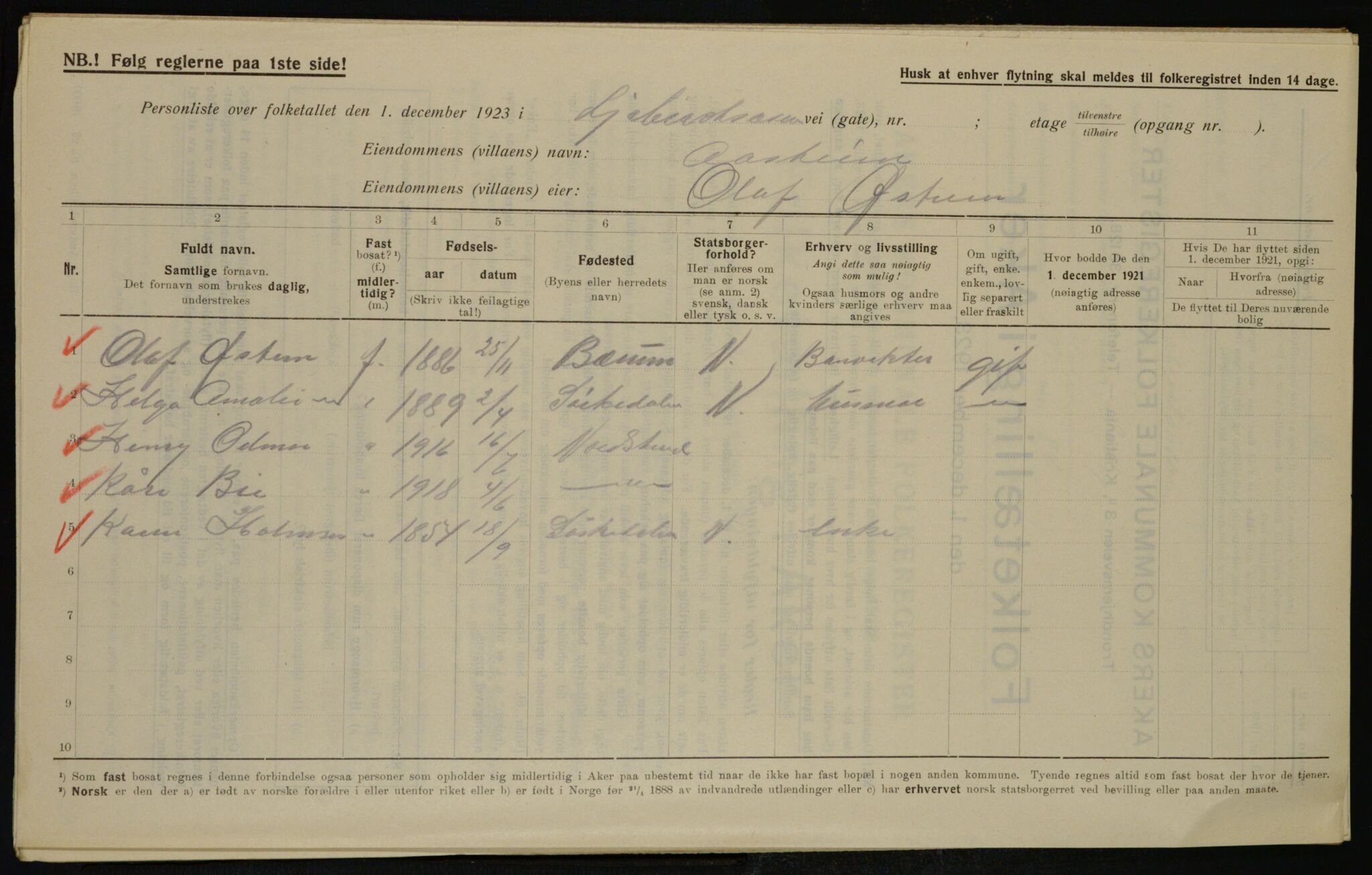 , Municipal Census 1923 for Aker, 1923, p. 40759