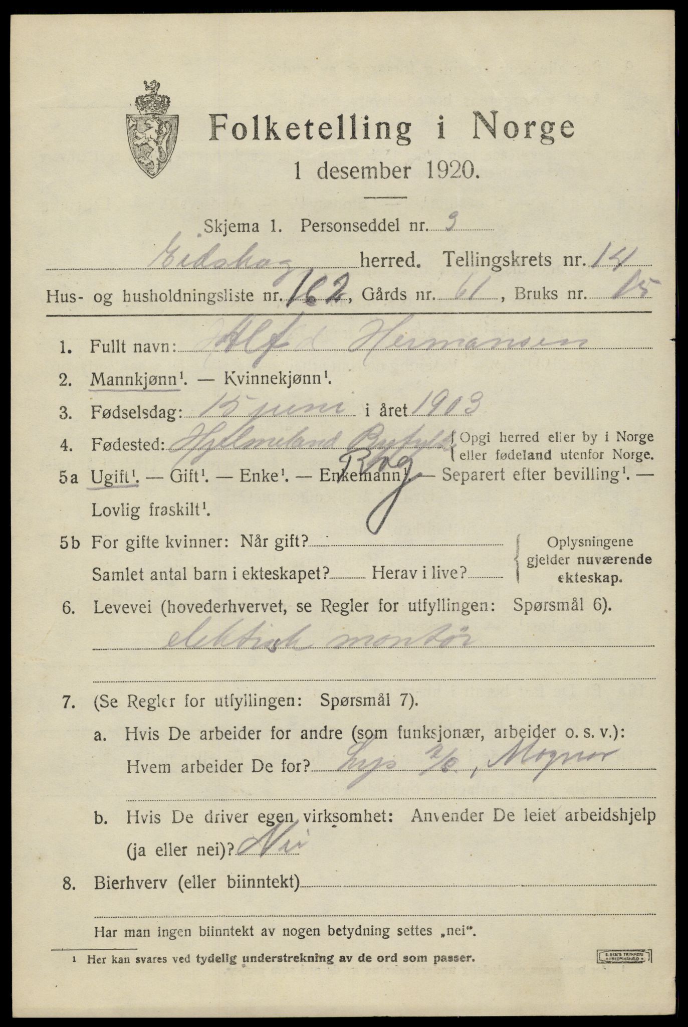SAH, 1920 census for Eidskog, 1920, p. 15031