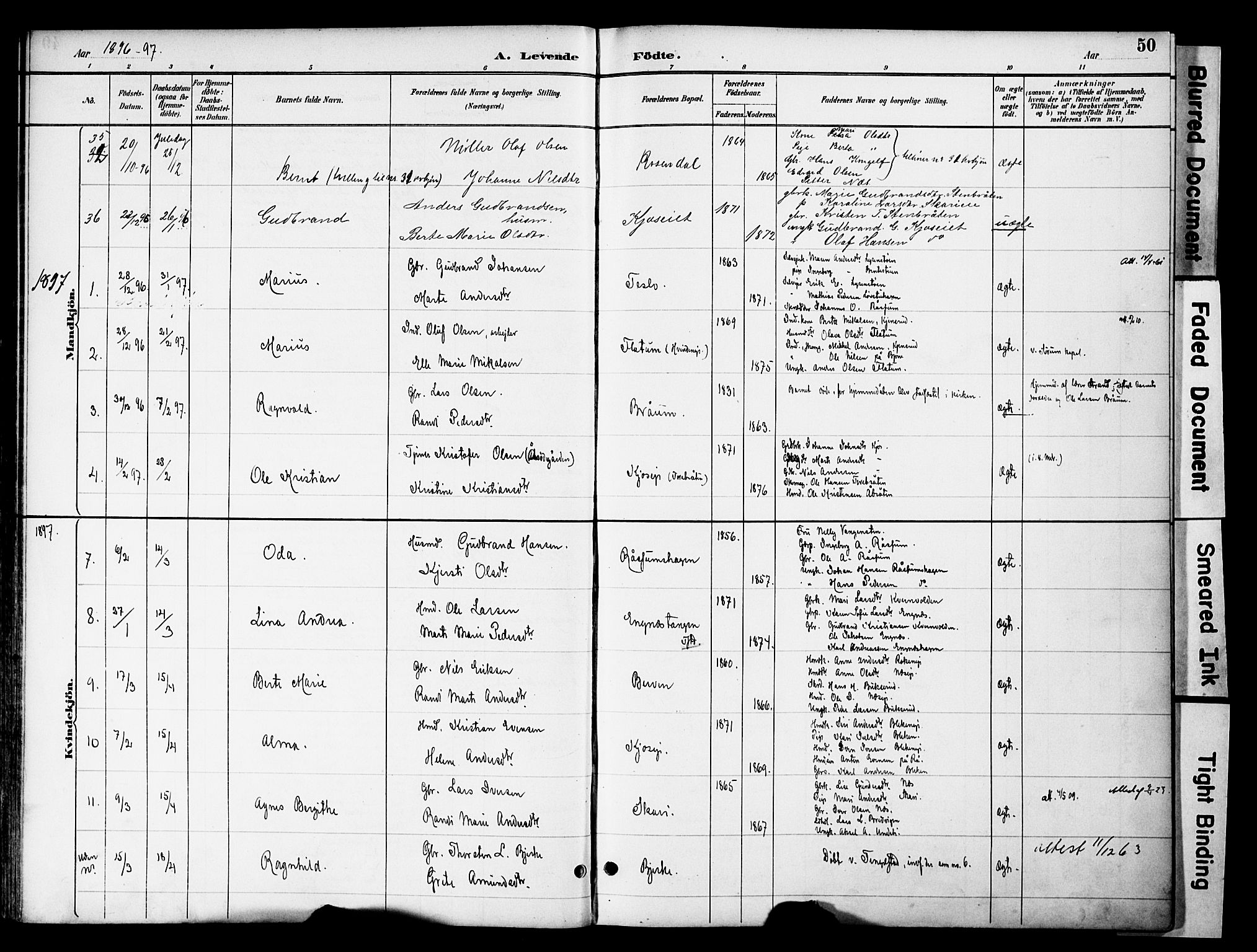 Gran prestekontor, SAH/PREST-112/H/Ha/Haa/L0020: Parish register (official) no. 20, 1889-1899, p. 50