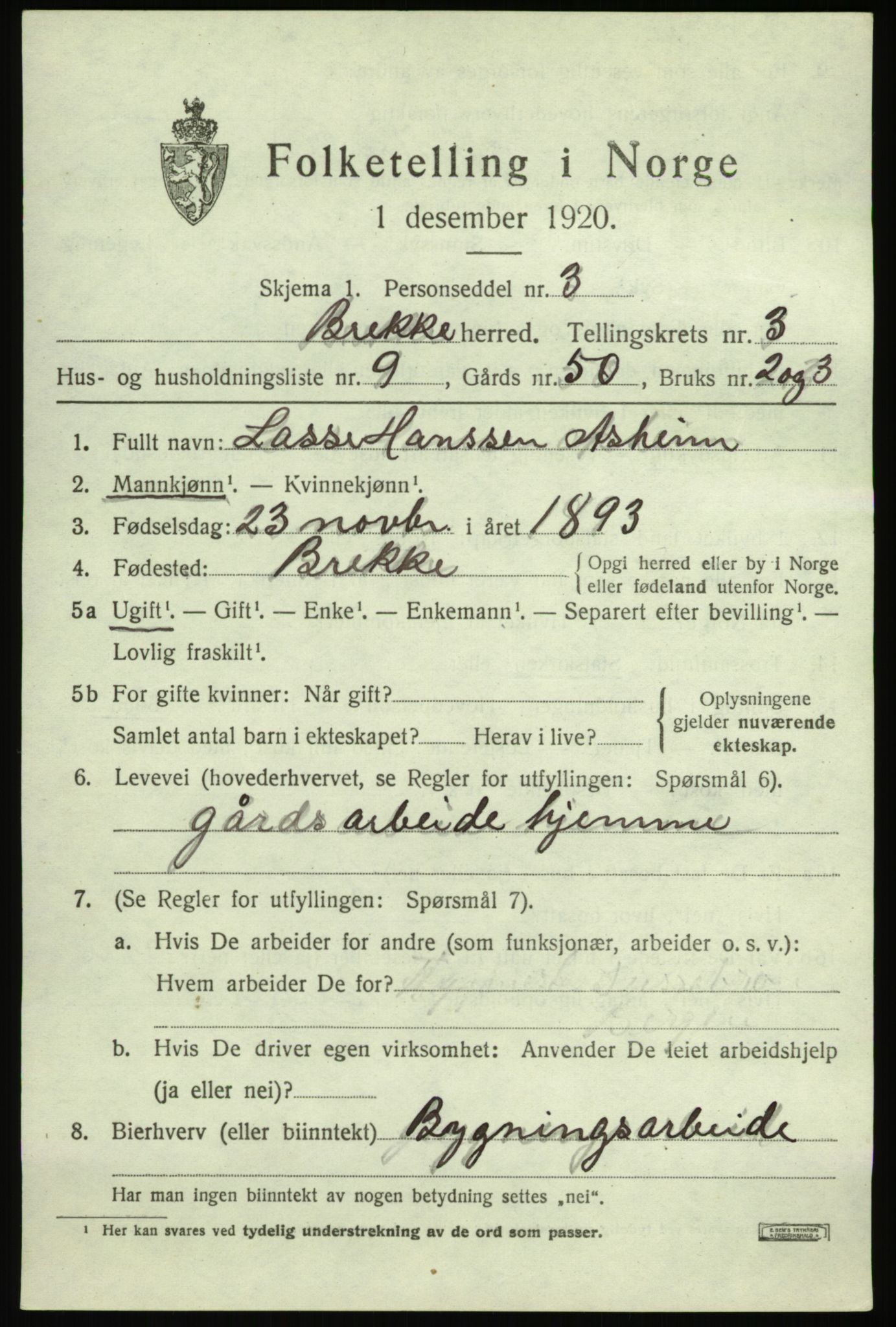 SAB, 1920 census for Brekke, 1920, p. 796