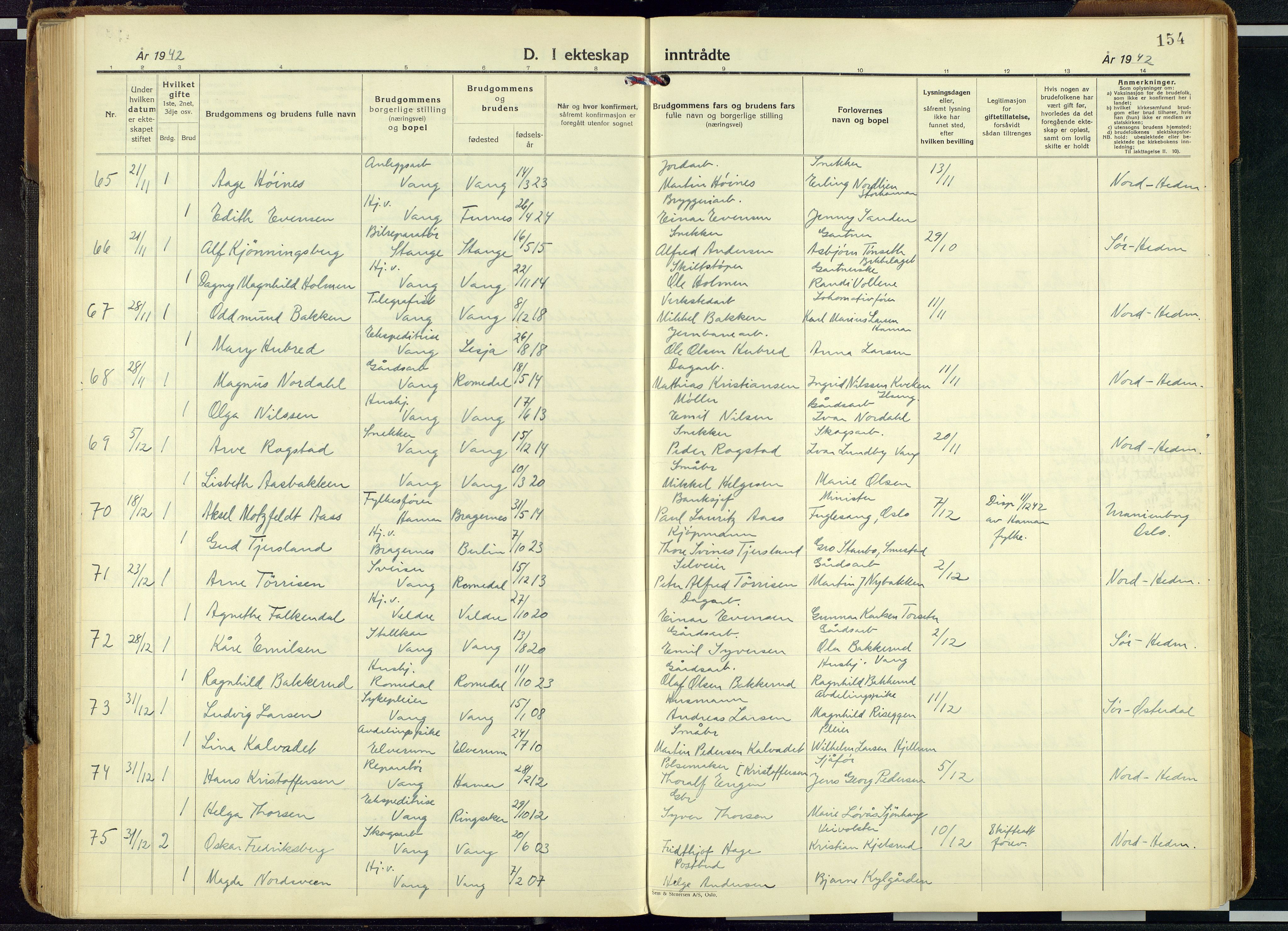 Vang prestekontor, Hedmark, AV/SAH-PREST-008/H/Ha/Haa/L0024: Parish register (official) no. 24, 1941-1967, p. 154