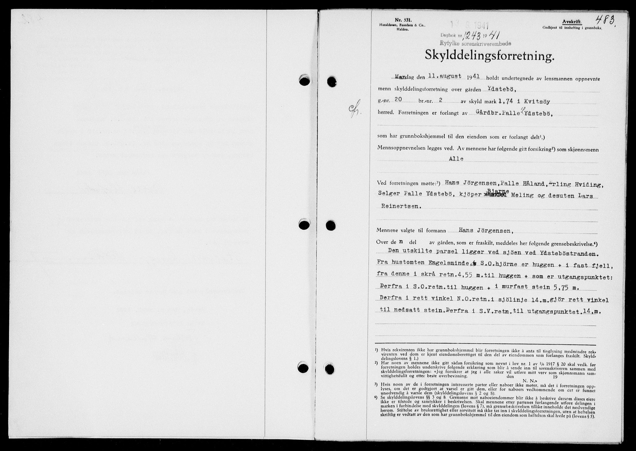 Ryfylke tingrett, SAST/A-100055/001/II/IIB/L0085: Mortgage book no. 64, 1941-1941, Diary no: : 1243/1941