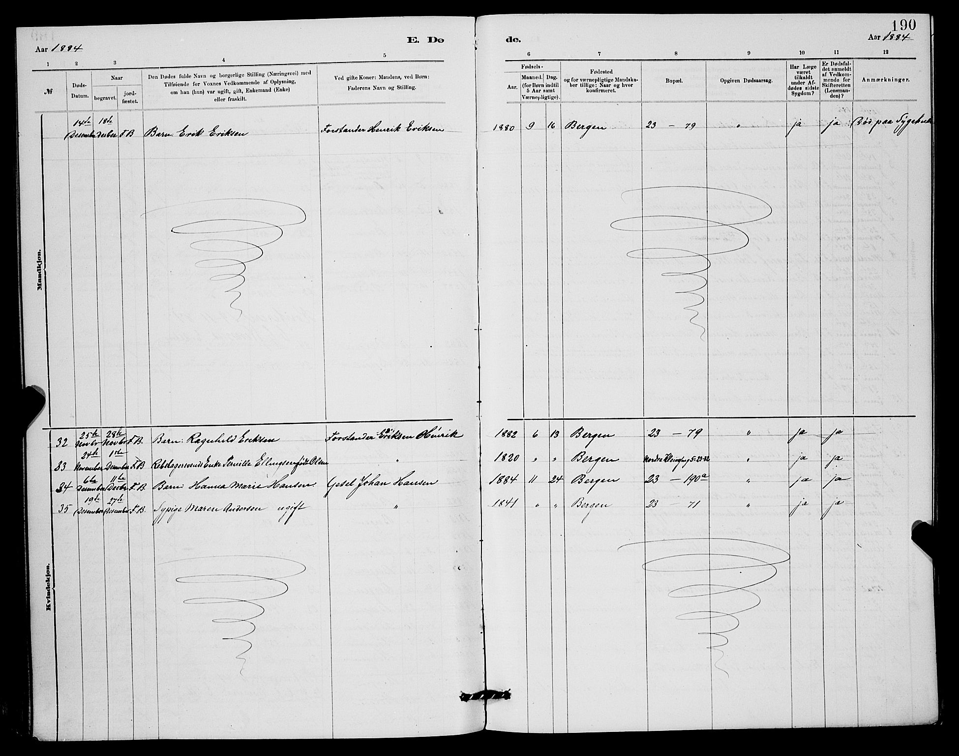 Mariakirken Sokneprestembete, SAB/A-76901/H/Hab/L0004: Parish register (copy) no. A 4, 1878-1892, p. 190