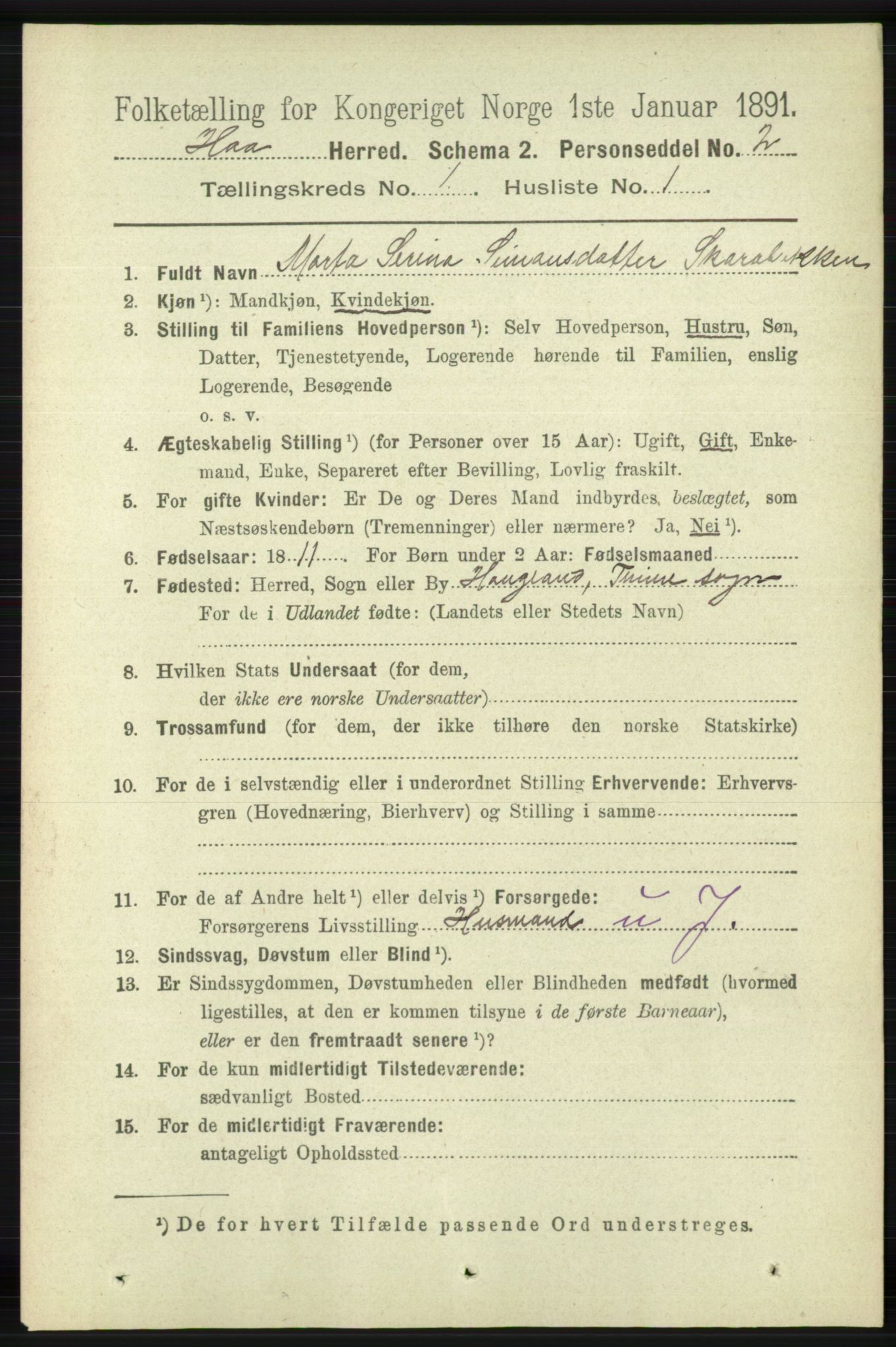 RA, 1891 census for 1119 Hå, 1891, p. 89