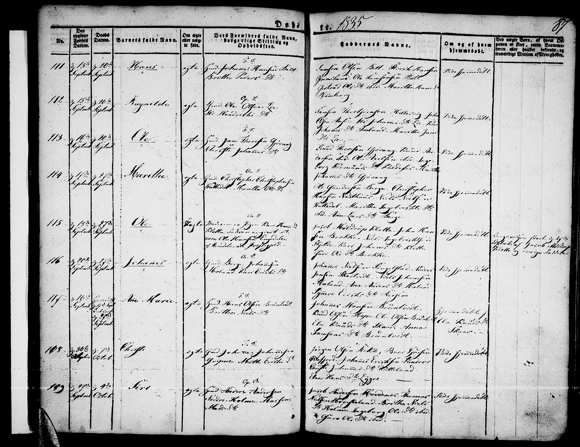 Tysnes sokneprestembete, AV/SAB-A-78601/H/Haa: Parish register (official) no. A 8, 1826-1837, p. 87