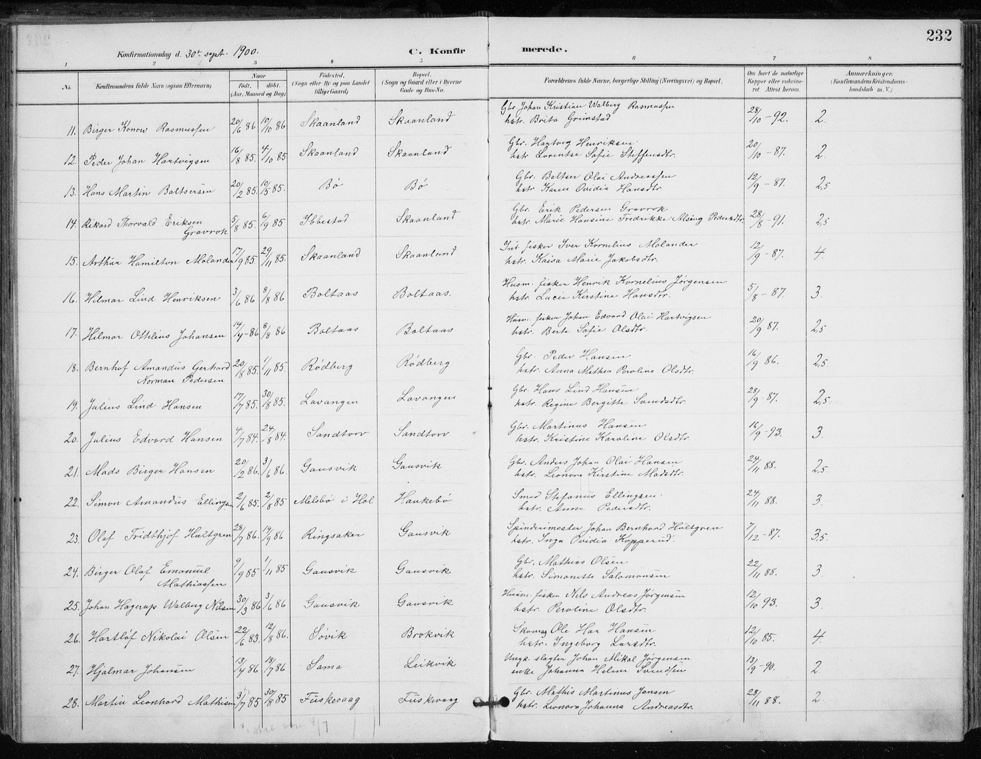 Trondenes sokneprestkontor, AV/SATØ-S-1319/H/Ha/L0017kirke: Parish register (official) no. 17, 1899-1908, p. 232