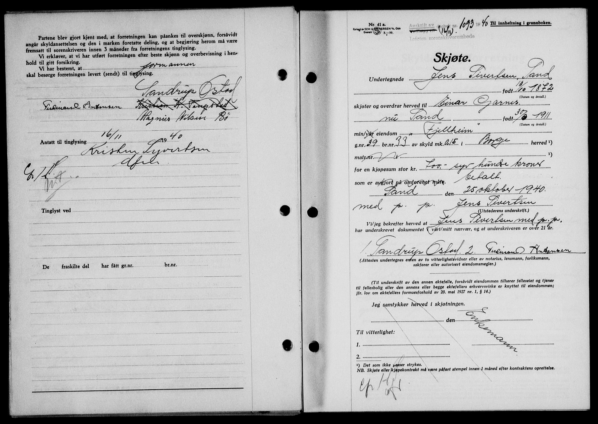 Lofoten sorenskriveri, SAT/A-0017/1/2/2C/L0008a: Mortgage book no. 8a, 1940-1941, Diary no: : 1093/1940