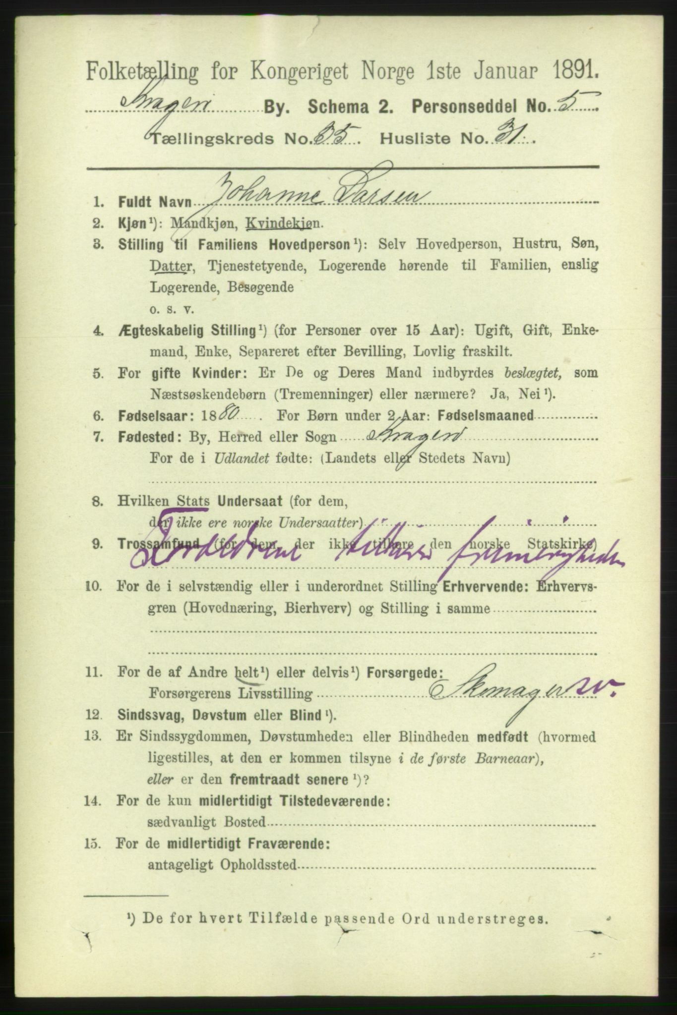 RA, 1891 census for 0801 Kragerø, 1891, p. 6452