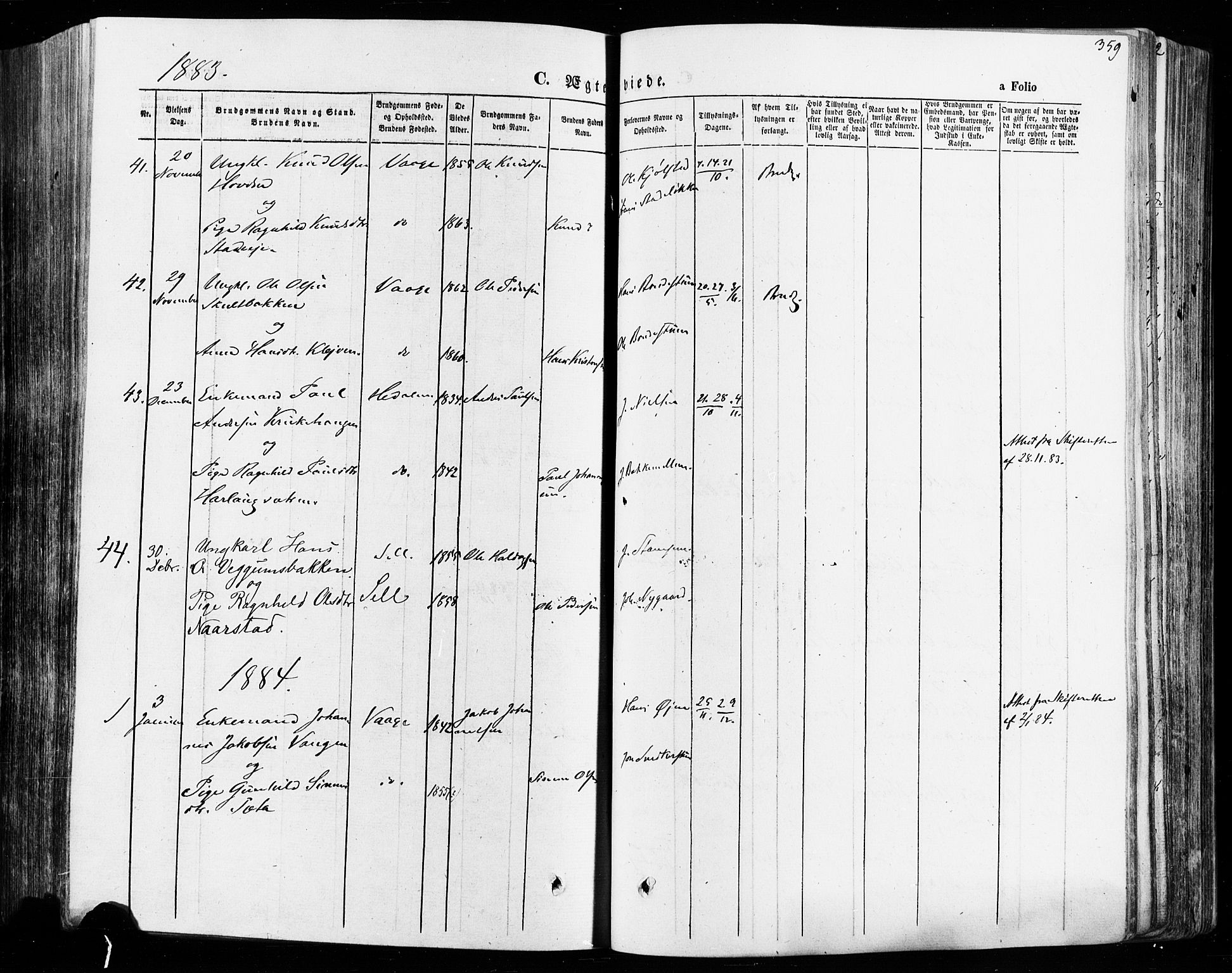 Vågå prestekontor, AV/SAH-PREST-076/H/Ha/Haa/L0007: Parish register (official) no. 7 /1, 1872-1886, p. 359