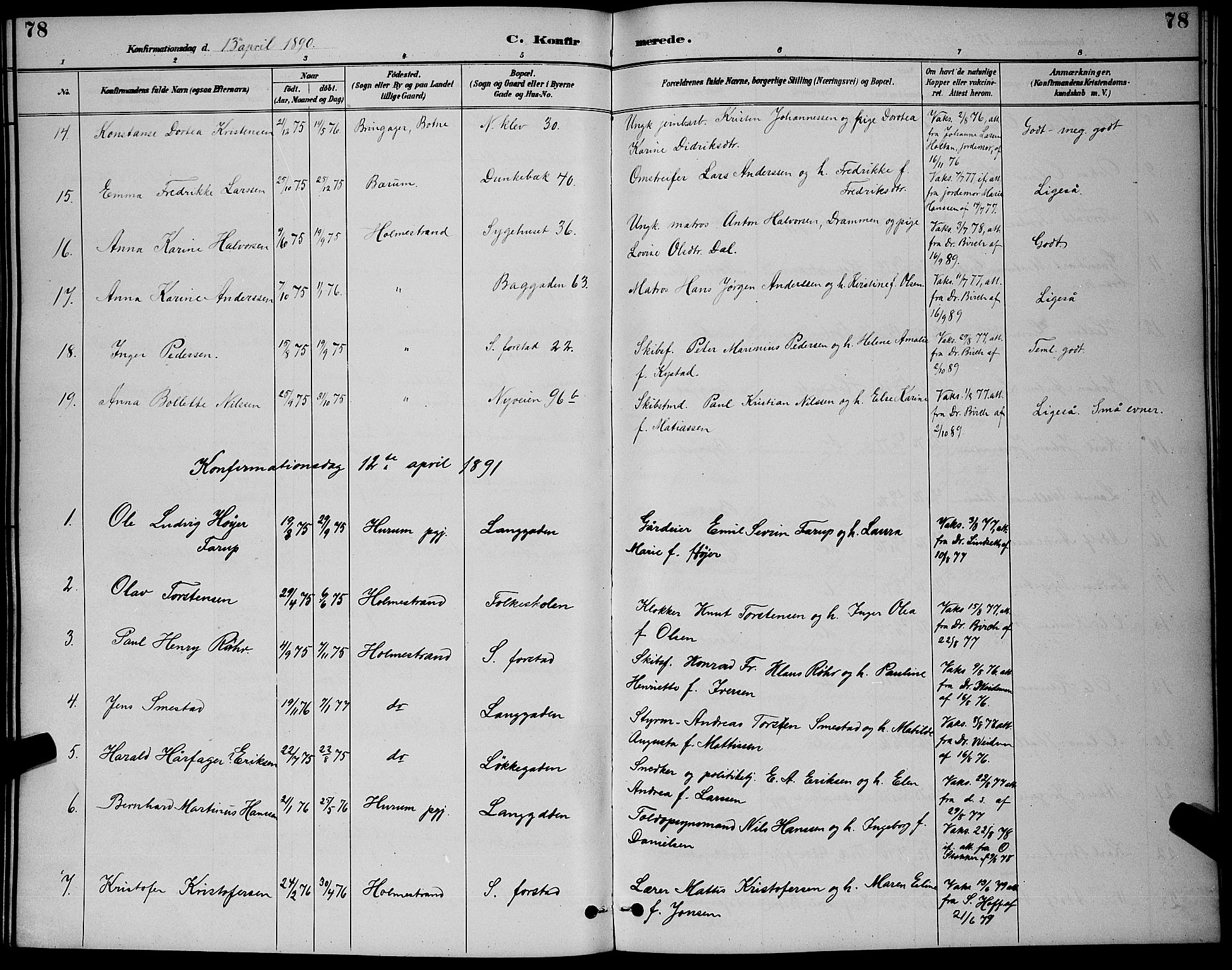 Holmestrand kirkebøker, AV/SAKO-A-346/G/Ga/L0005: Parish register (copy) no. 5, 1889-1901, p. 78