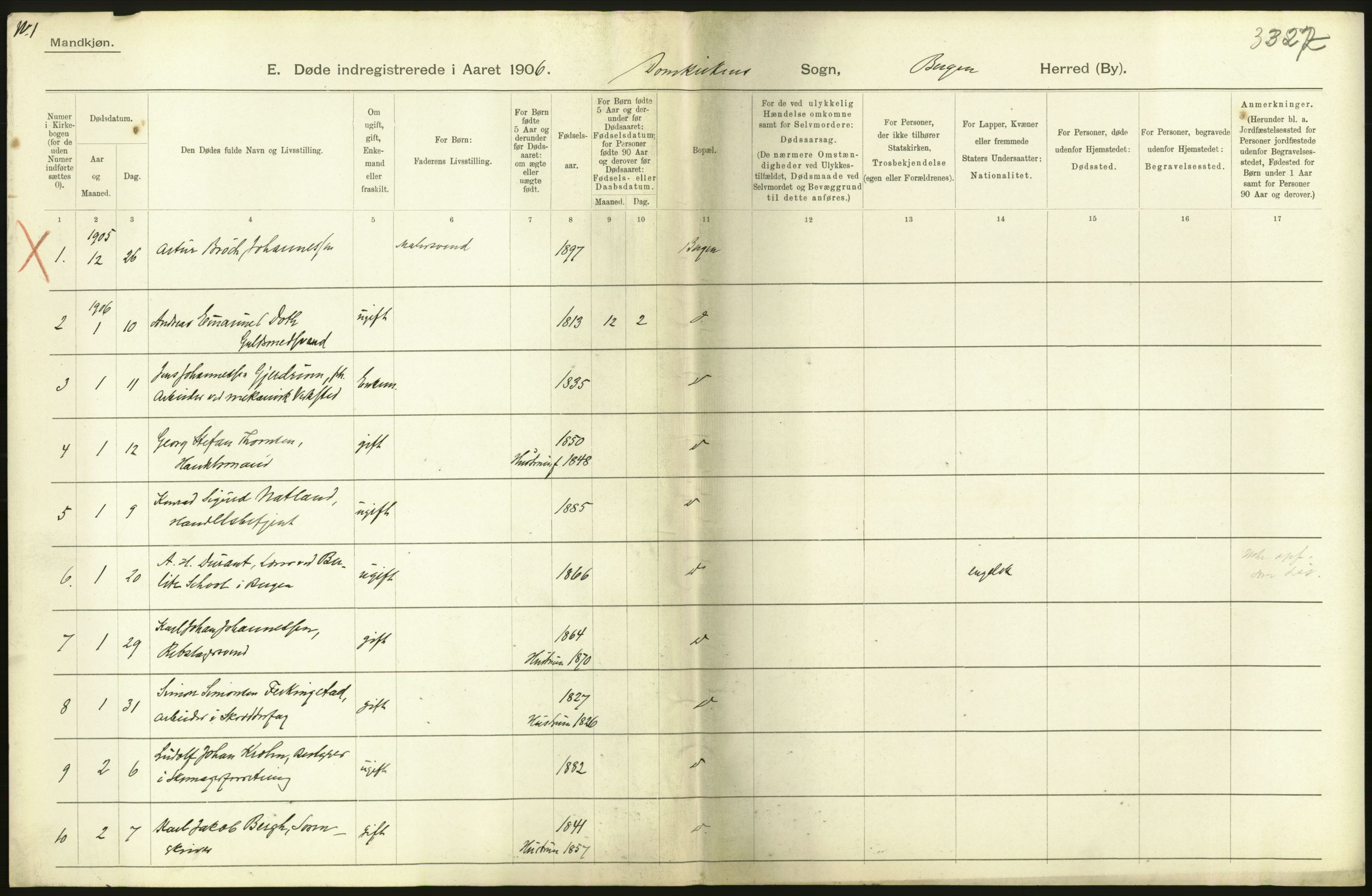 Statistisk sentralbyrå, Sosiodemografiske emner, Befolkning, AV/RA-S-2228/D/Df/Dfa/Dfad/L0032: Bergen: Gifte, døde, dødfødte., 1906, p. 14