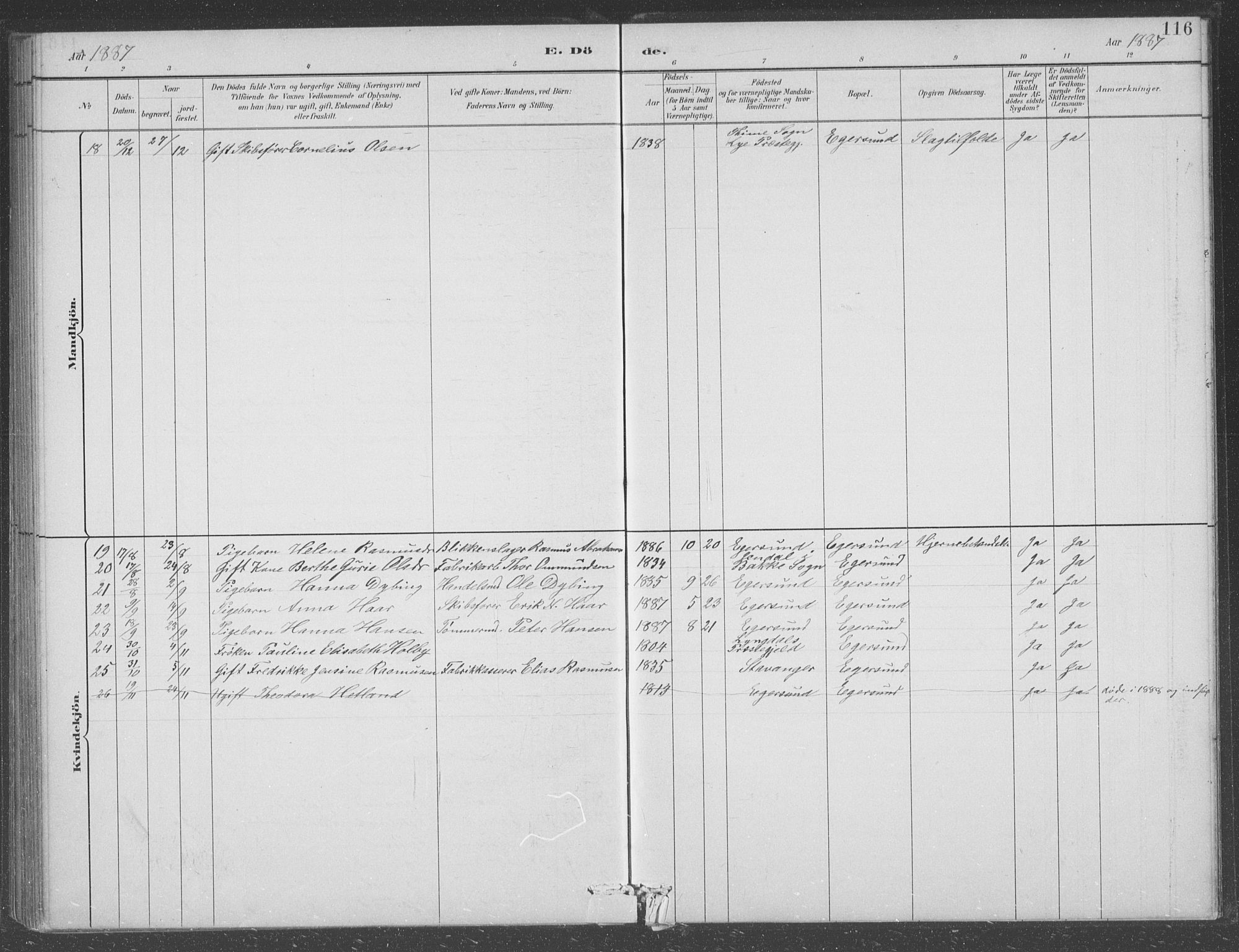 Eigersund sokneprestkontor, AV/SAST-A-101807/S09/L0008: Parish register (copy) no. B 8, 1882-1892, p. 116