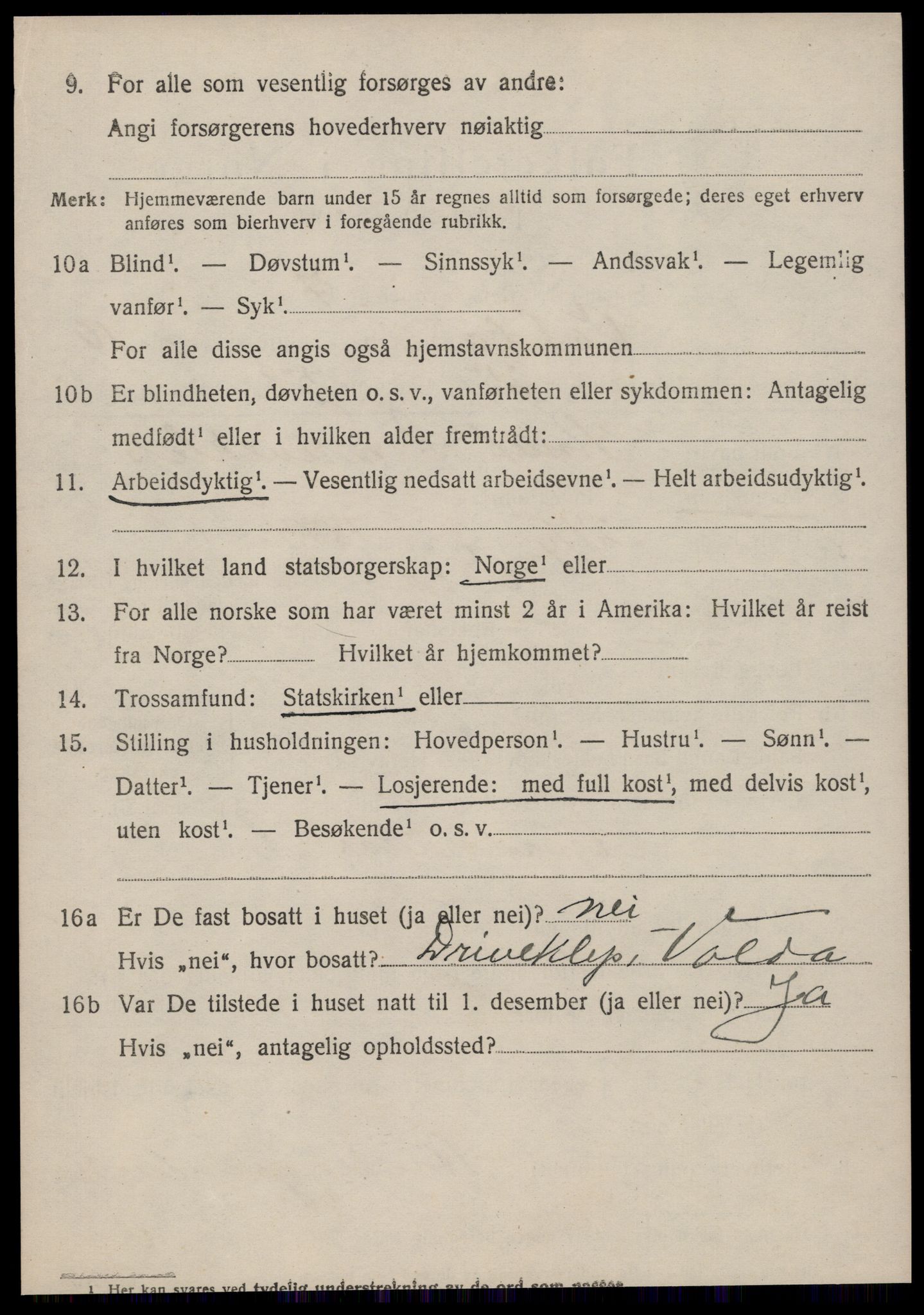 SAT, 1920 census for Volda, 1920, p. 9561