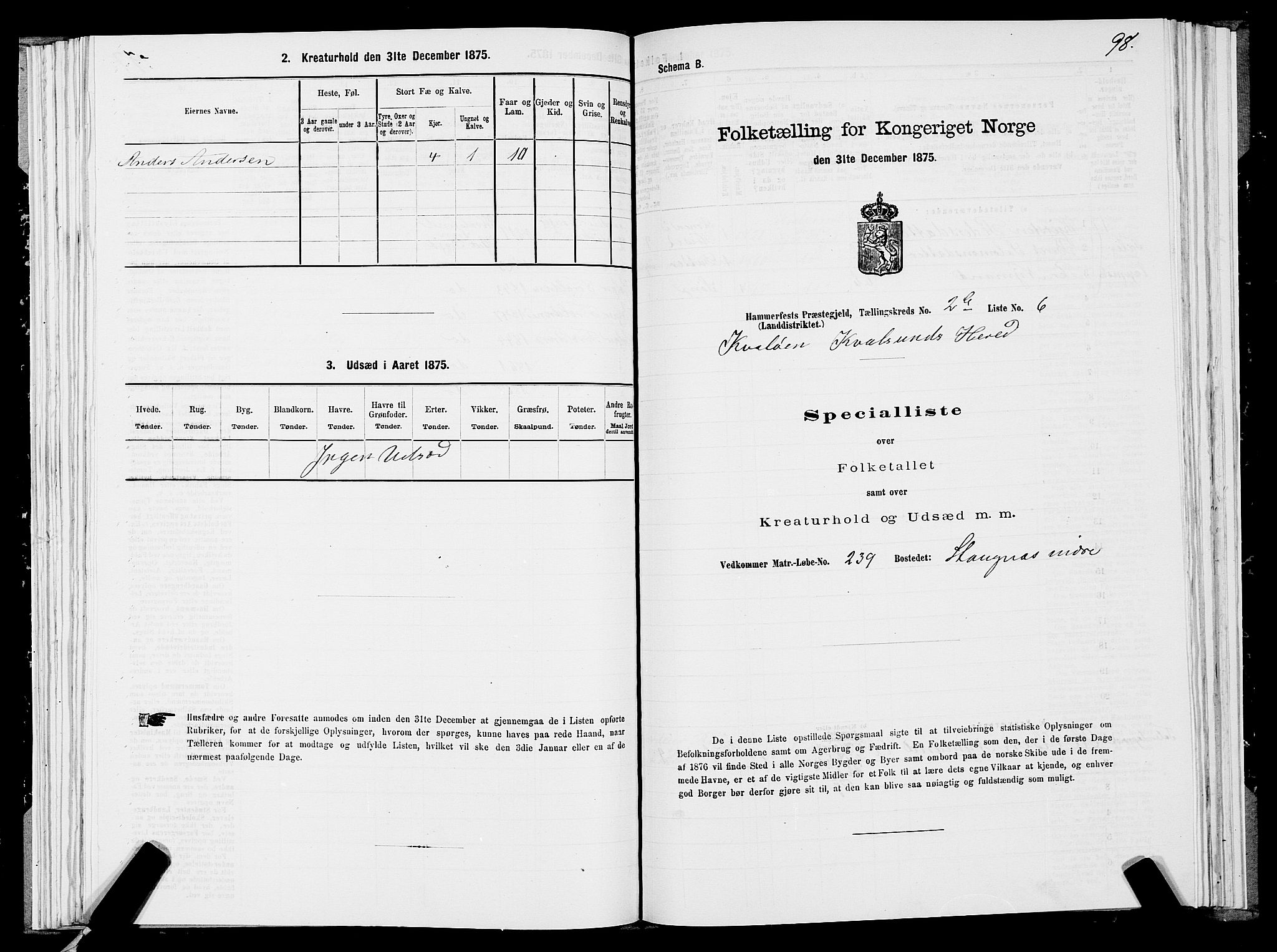 SATØ, 1875 census for 2016L Hammerfest/Hammerfest og Kvalsund, 1875, p. 2098