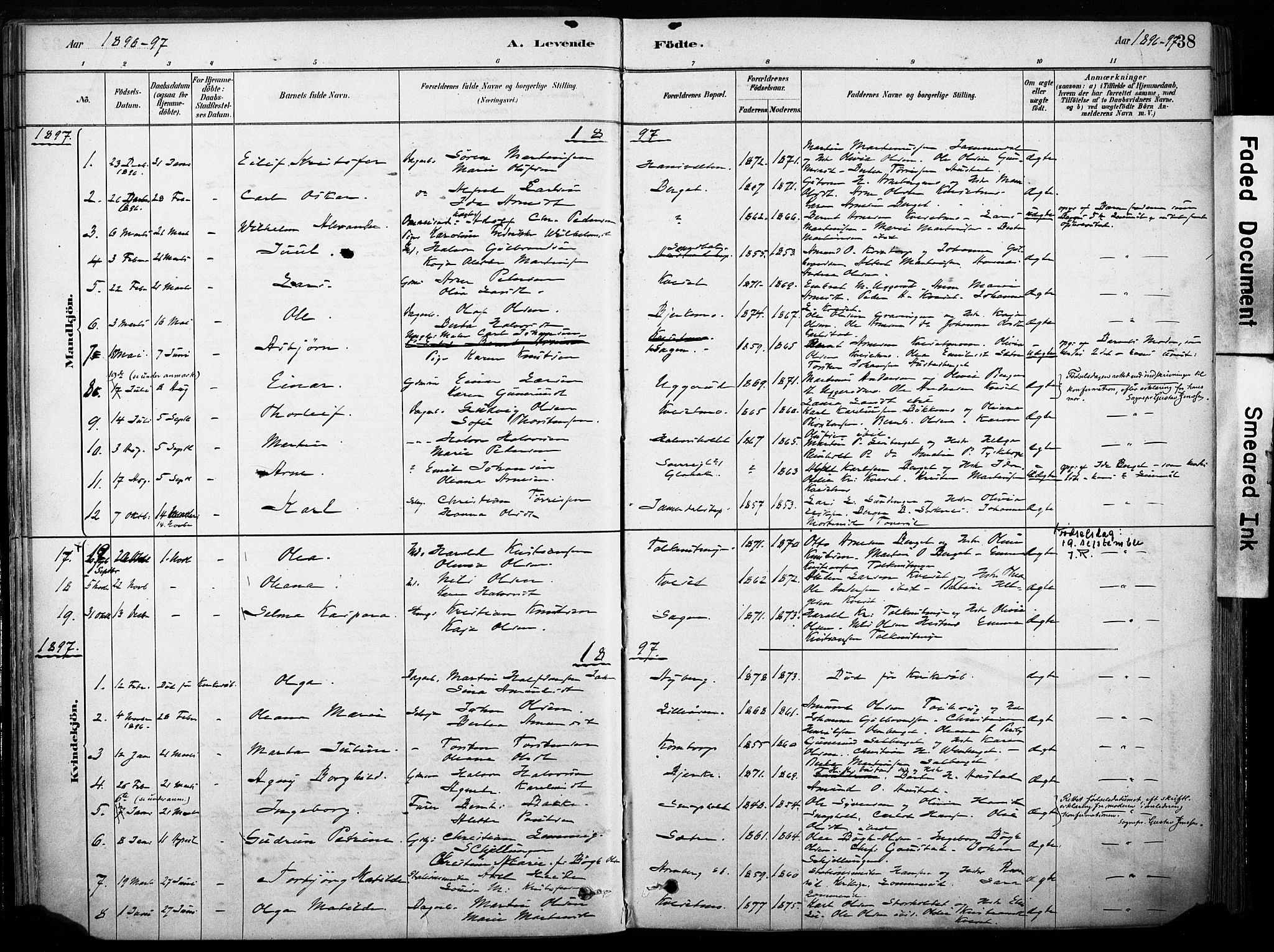 Hof prestekontor, AV/SAH-PREST-038/H/Ha/Haa/L0011: Parish register (official) no. 11, 1879-1911, p. 38