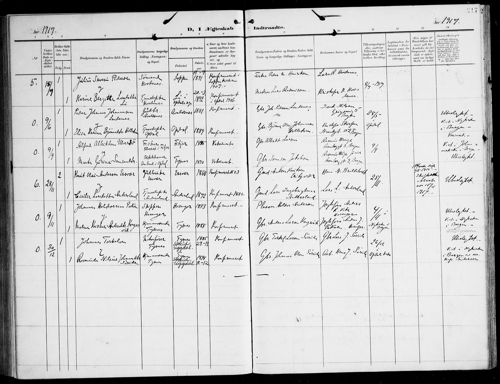 Tysnes sokneprestembete, AV/SAB-A-78601/H/Haa: Parish register (official) no. D 2, 1905-1922, p. 217