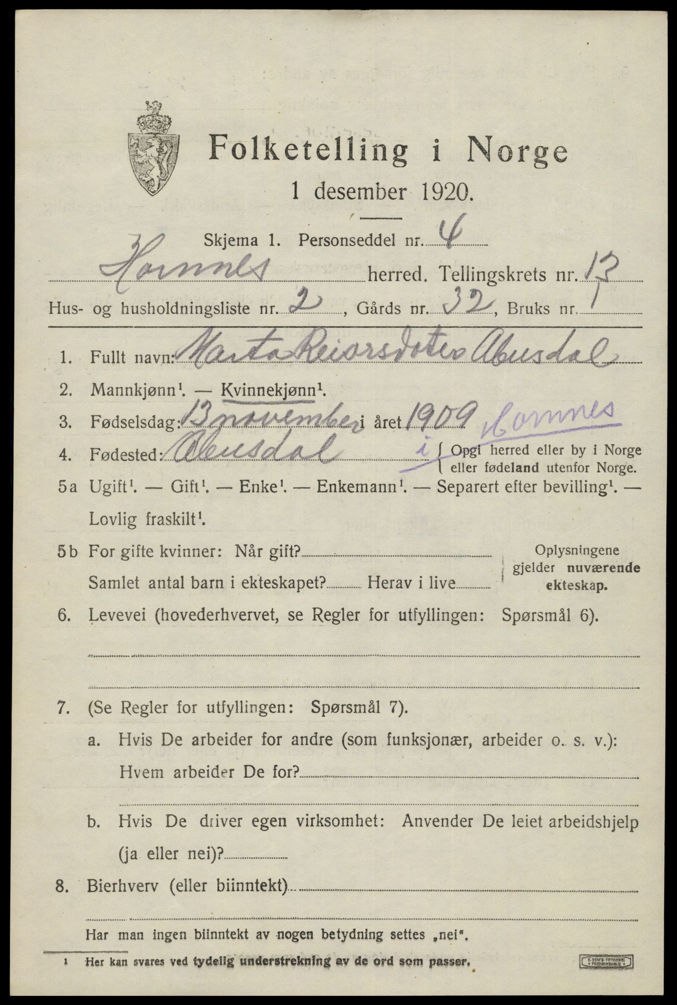 SAK, 1920 census for Hornnes, 1920, p. 3071