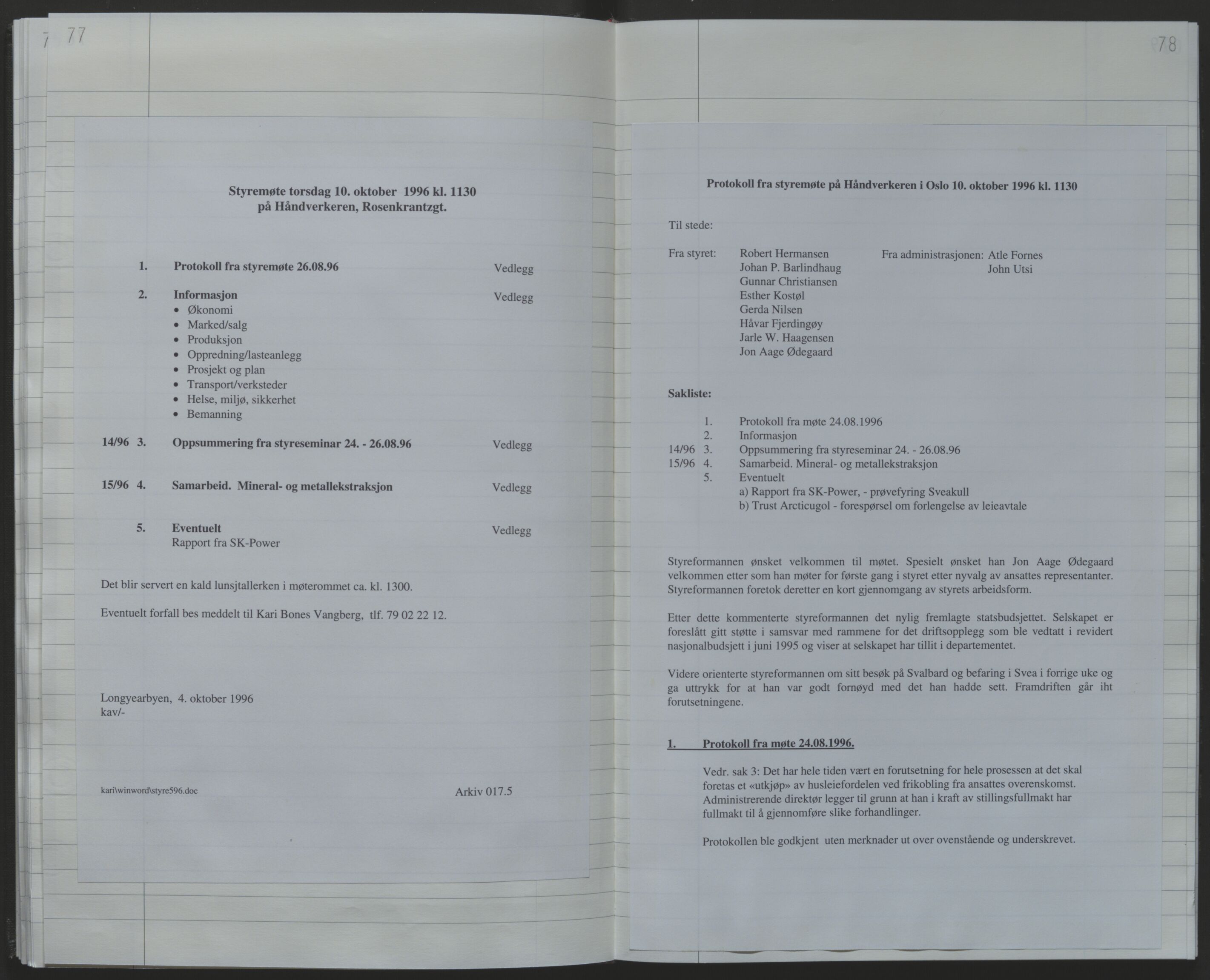 Store Norske Spitsbergen Kulkompani A/S, AV/SATØ-P-0073/09/A/Ab/Aba/L0004: Styreprotokoll 9, 1994-2000, p. 77-78