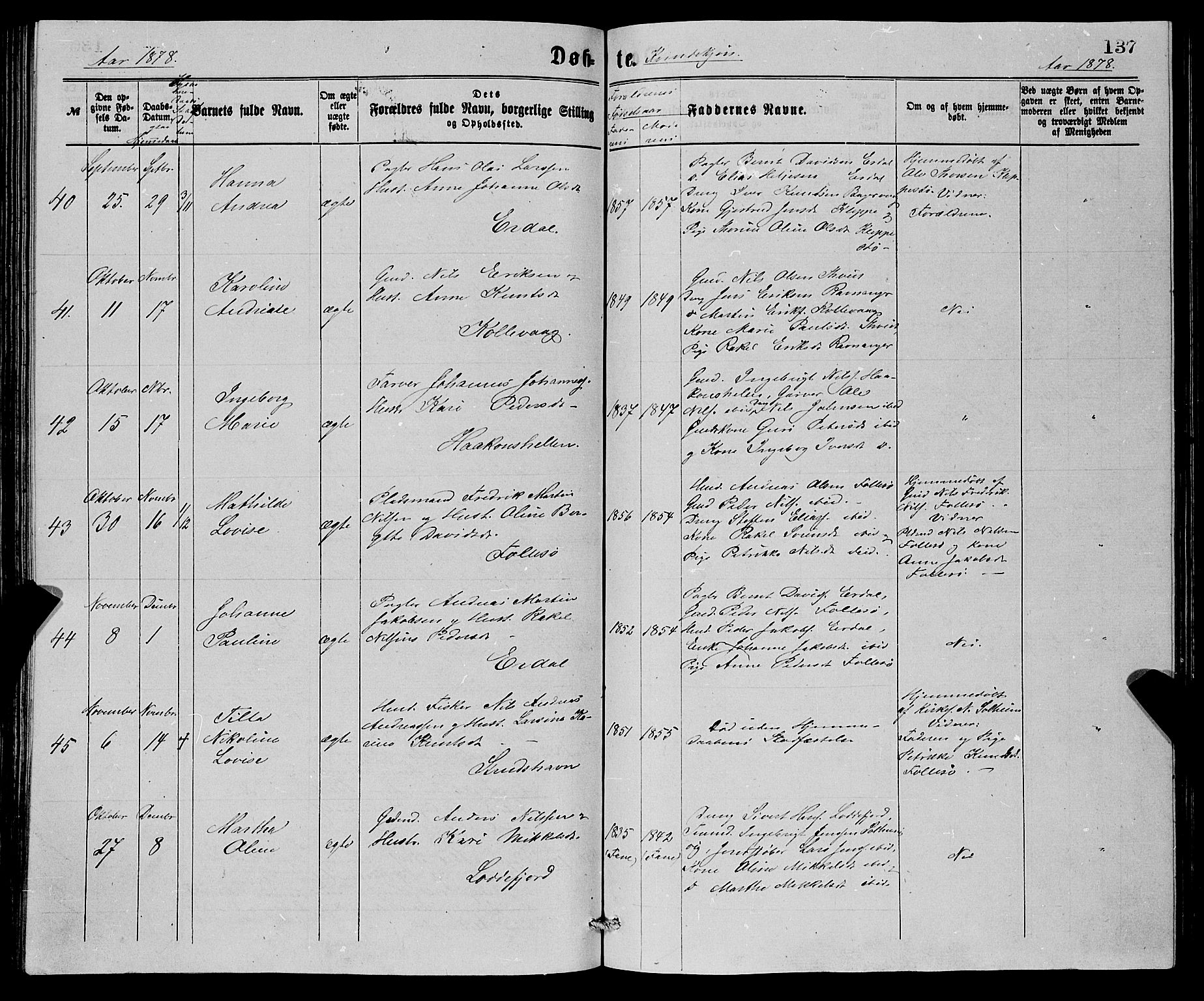 Askøy Sokneprestembete, AV/SAB-A-74101/H/Ha/Hab/Haba/L0007: Parish register (copy) no. A 7, 1871-1881, p. 137
