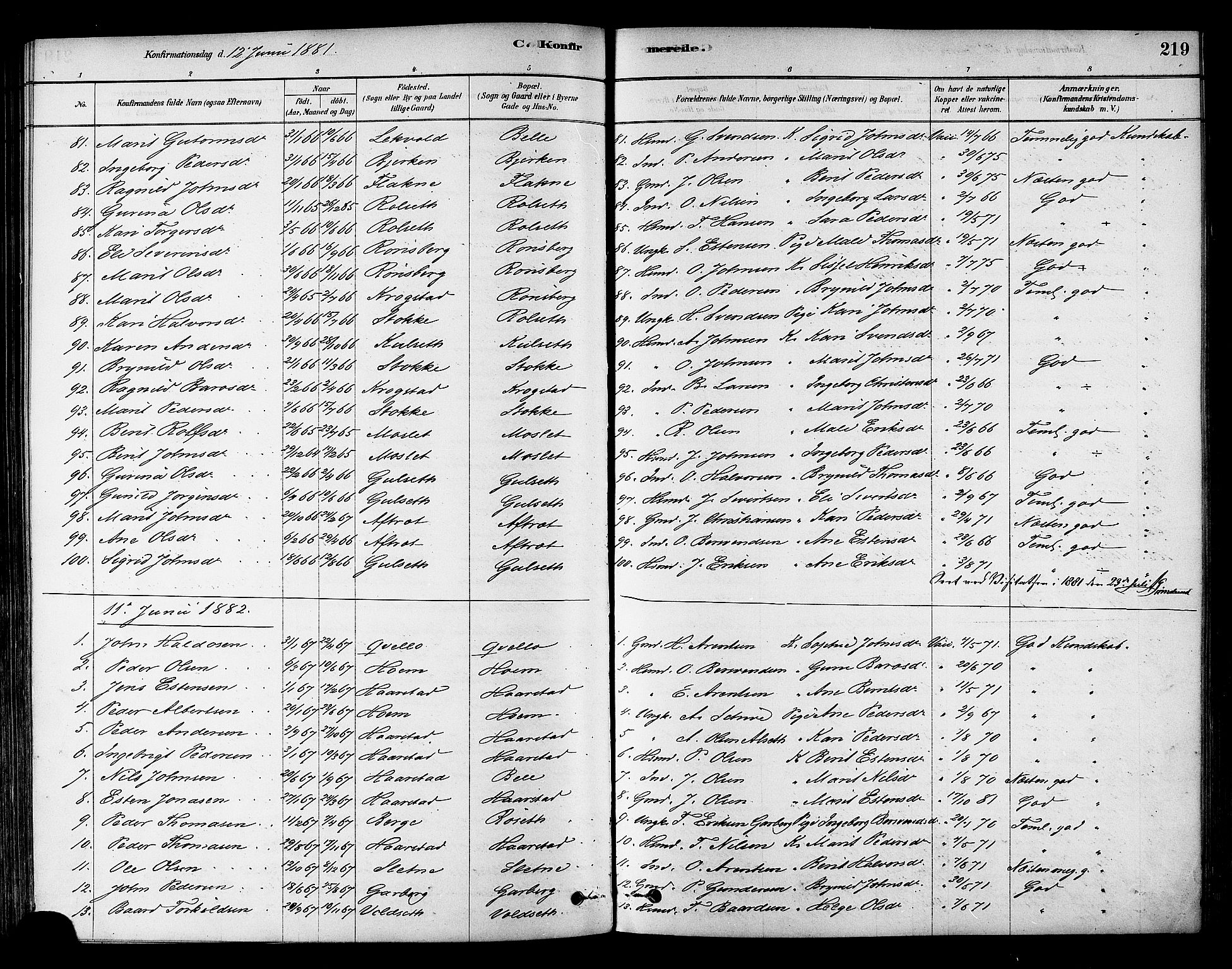 Ministerialprotokoller, klokkerbøker og fødselsregistre - Sør-Trøndelag, SAT/A-1456/695/L1148: Parish register (official) no. 695A08, 1878-1891, p. 219