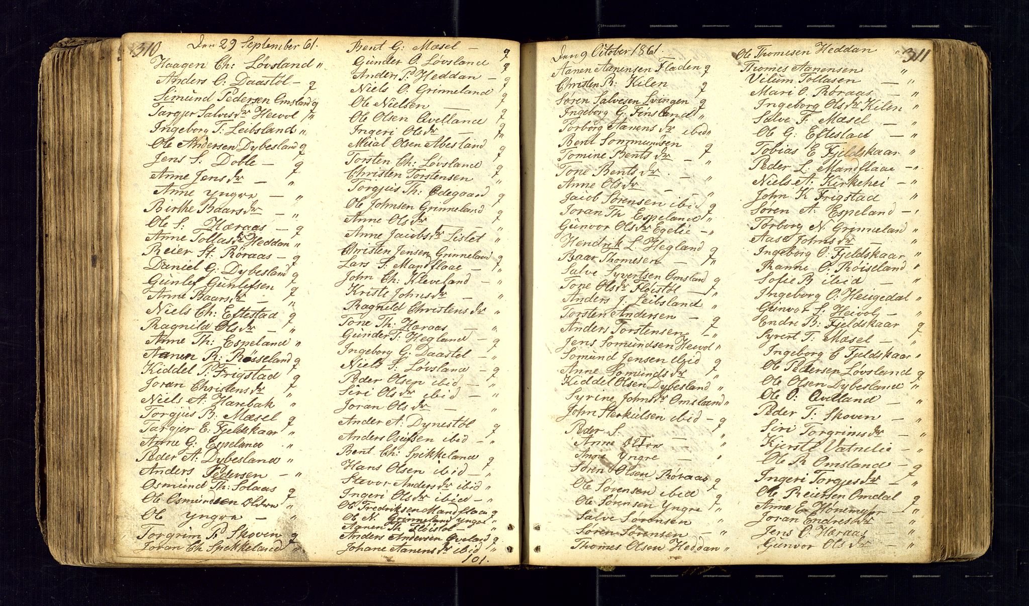 Bjelland sokneprestkontor, SAK/1111-0005/F/Fc/Fcb/L0001: Communicants register no. C-1, 1827-1906, p. 310-311