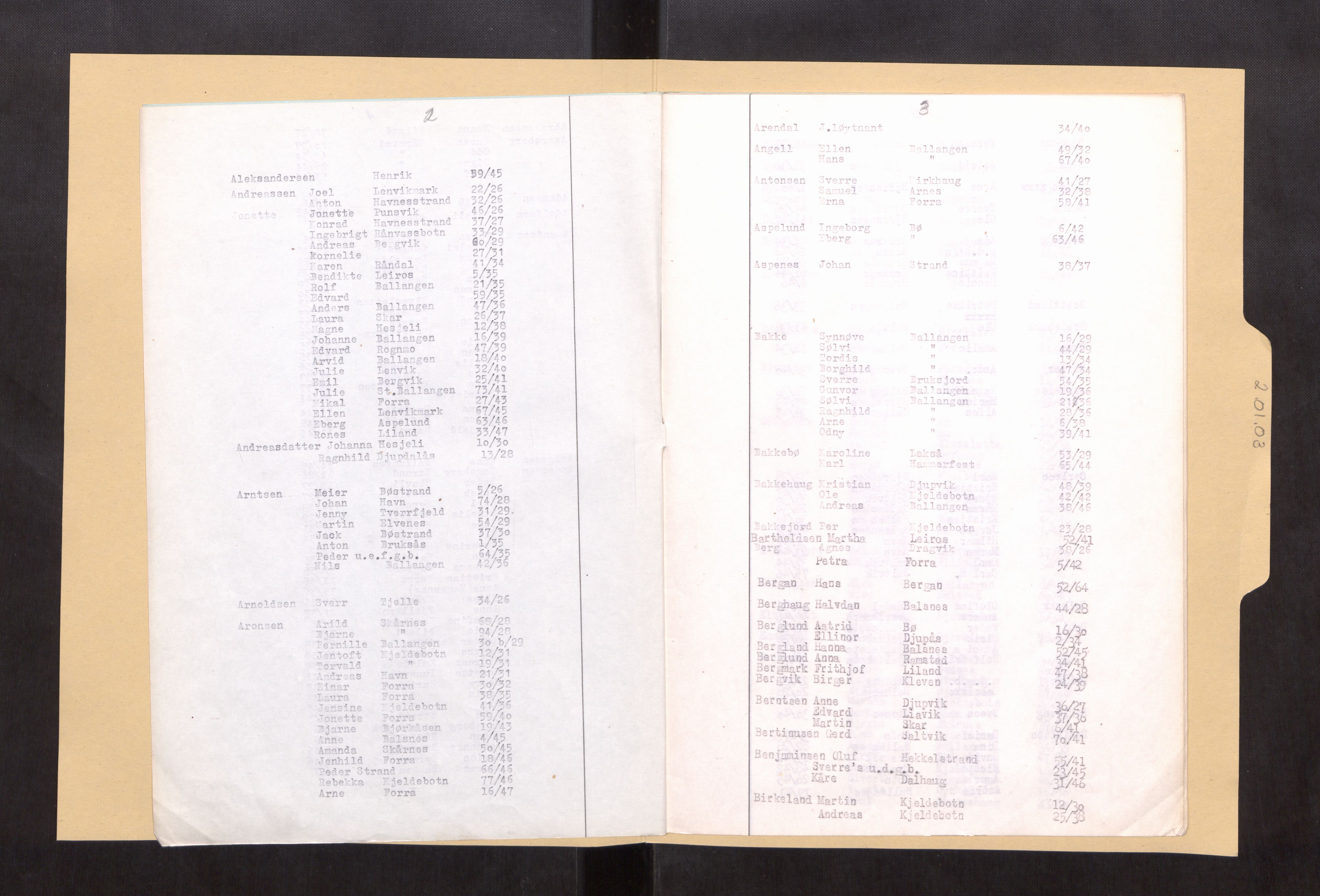Evenes lensmannskontor, SAT/A-5684/1/02/L0003: 2.01.03 - Register til dødsfallsprotokoll, 1926-1947, p. 2-3