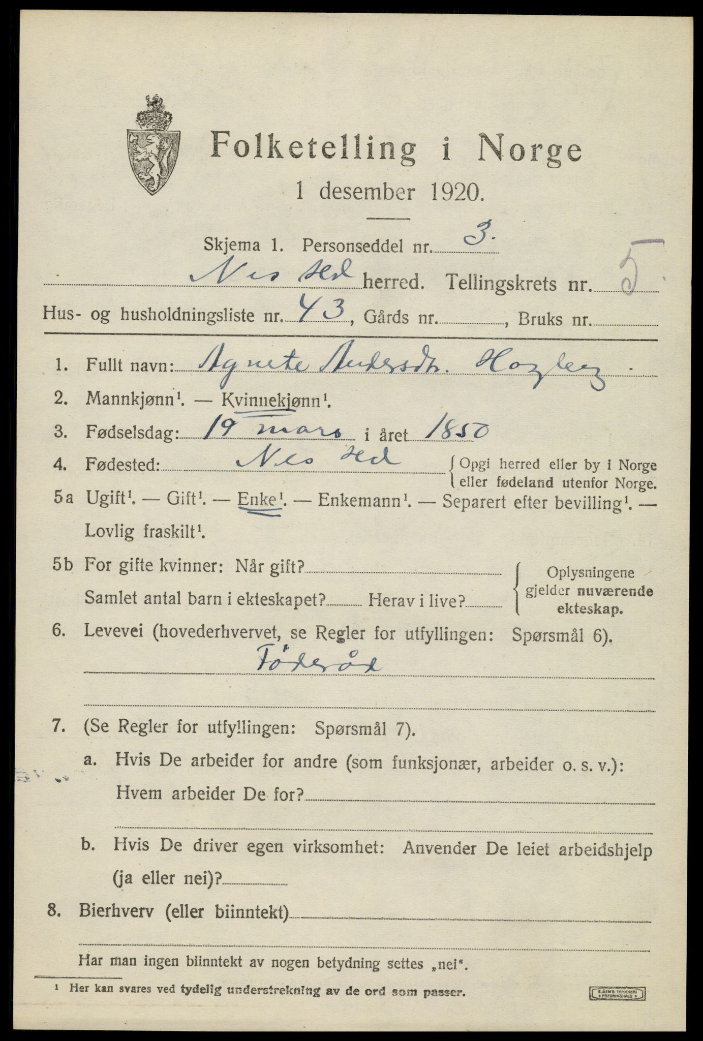 SAH, 1920 census for Nes (Hedmark), 1920, p. 7588