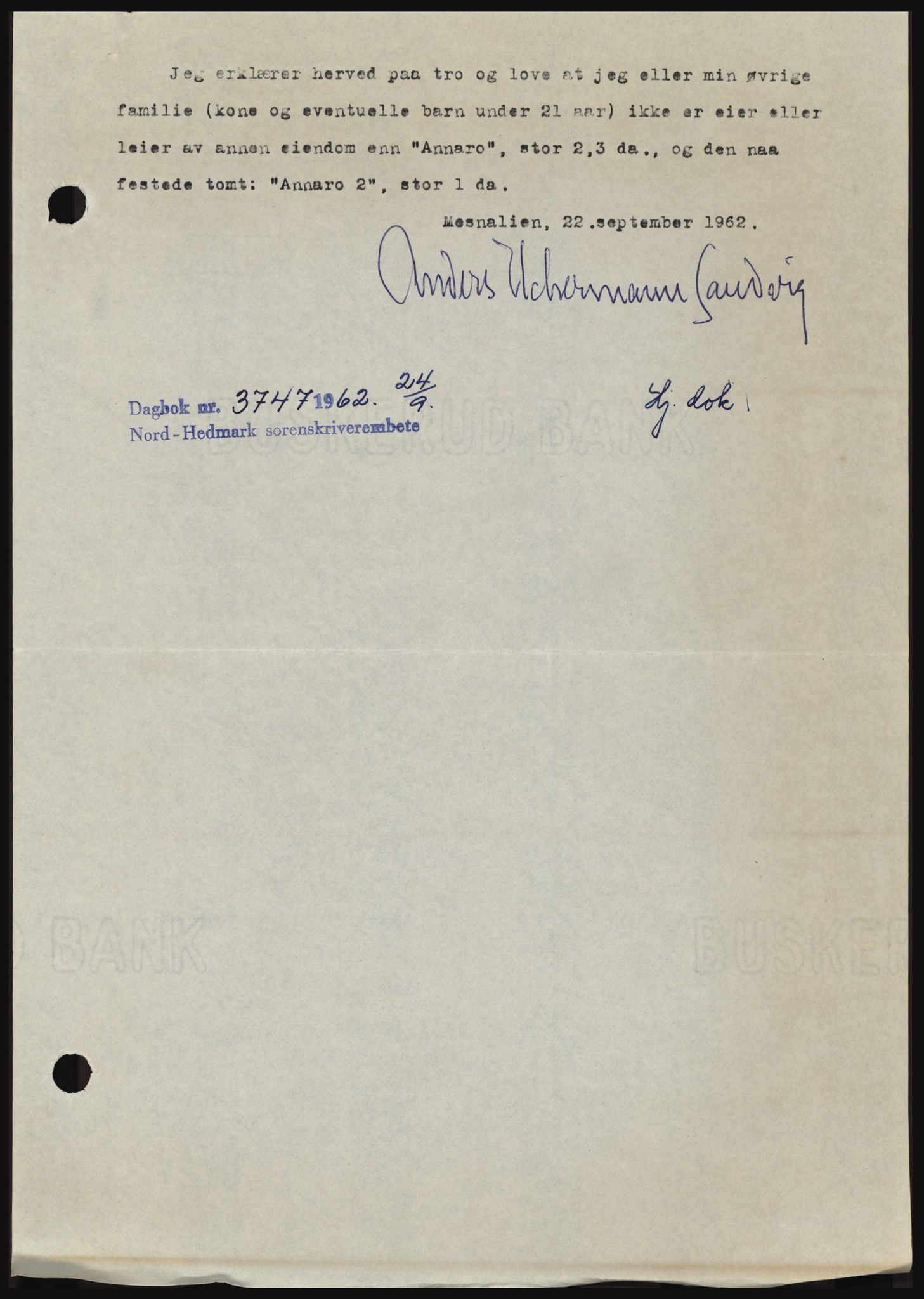 Nord-Hedmark sorenskriveri, AV/SAH-TING-012/H/Hc/L0016: Mortgage book no. 16, 1962-1962, Diary no: : 3747/1962