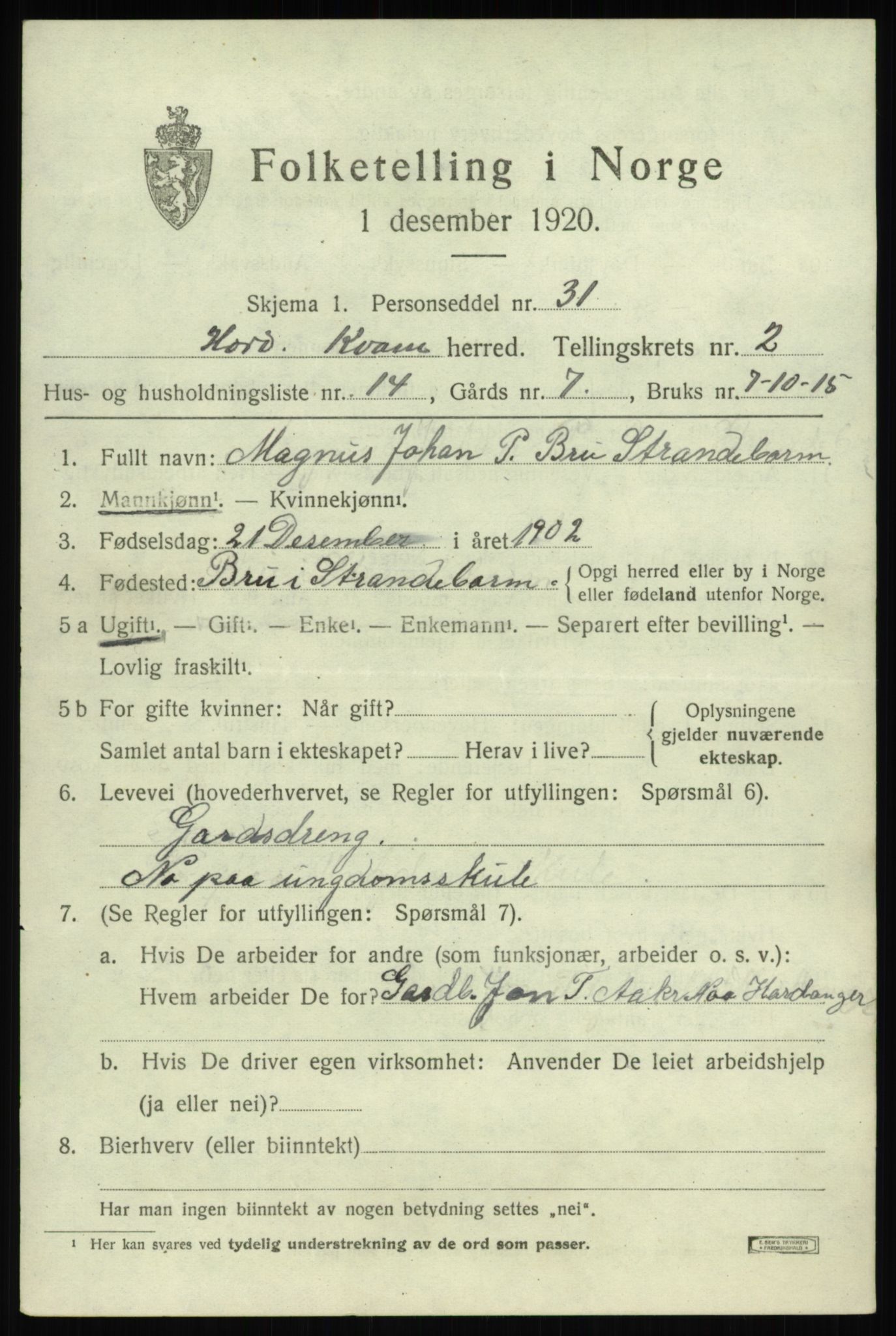 SAB, 1920 census for Kvam, 1920, p. 2031