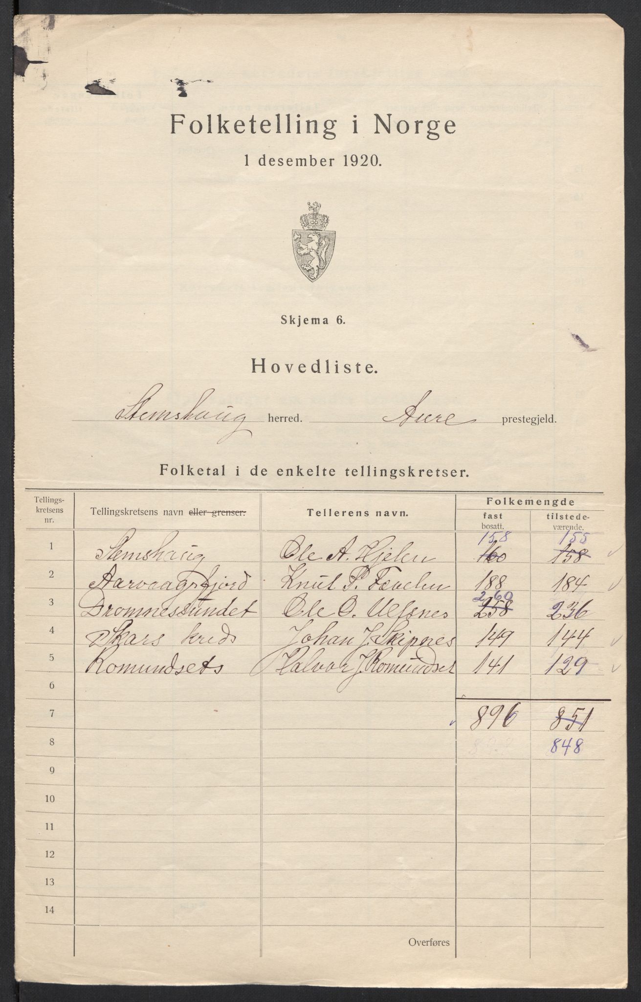 SAT, 1920 census for Stemshaug, 1920, p. 6