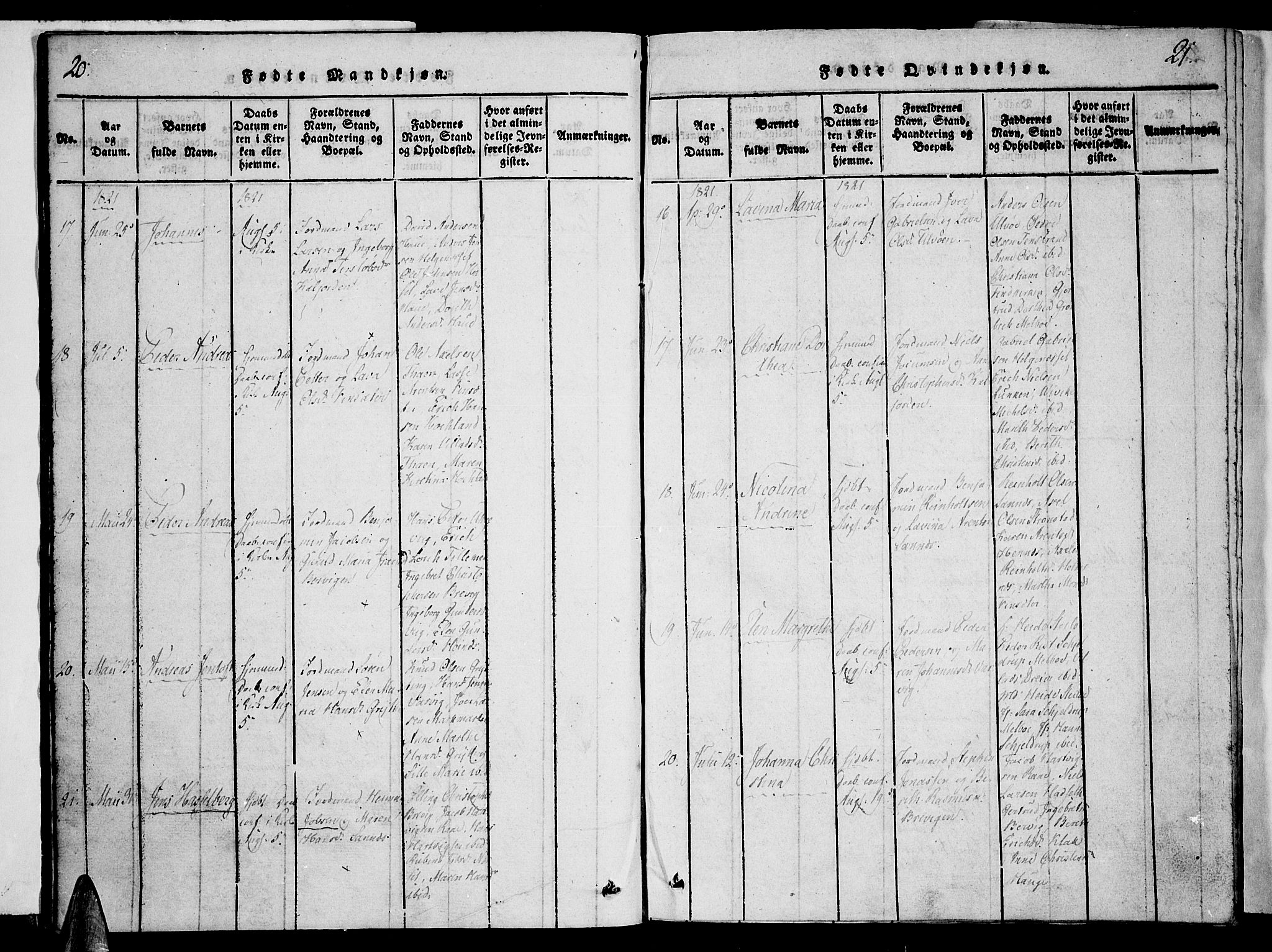 Ministerialprotokoller, klokkerbøker og fødselsregistre - Nordland, AV/SAT-A-1459/888/L1237: Parish register (official) no. 888A05 /1, 1820-1836, p. 20-21