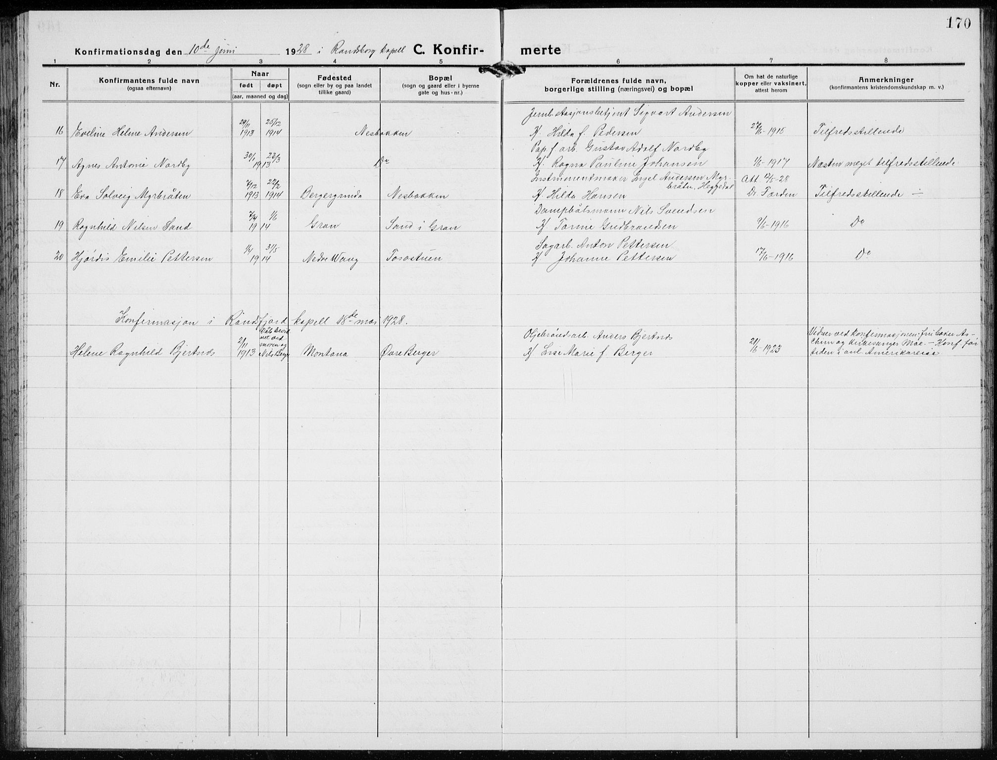 Jevnaker prestekontor, AV/SAH-PREST-116/H/Ha/Hab/L0005: Parish register (copy) no. 5, 1919-1934, p. 170