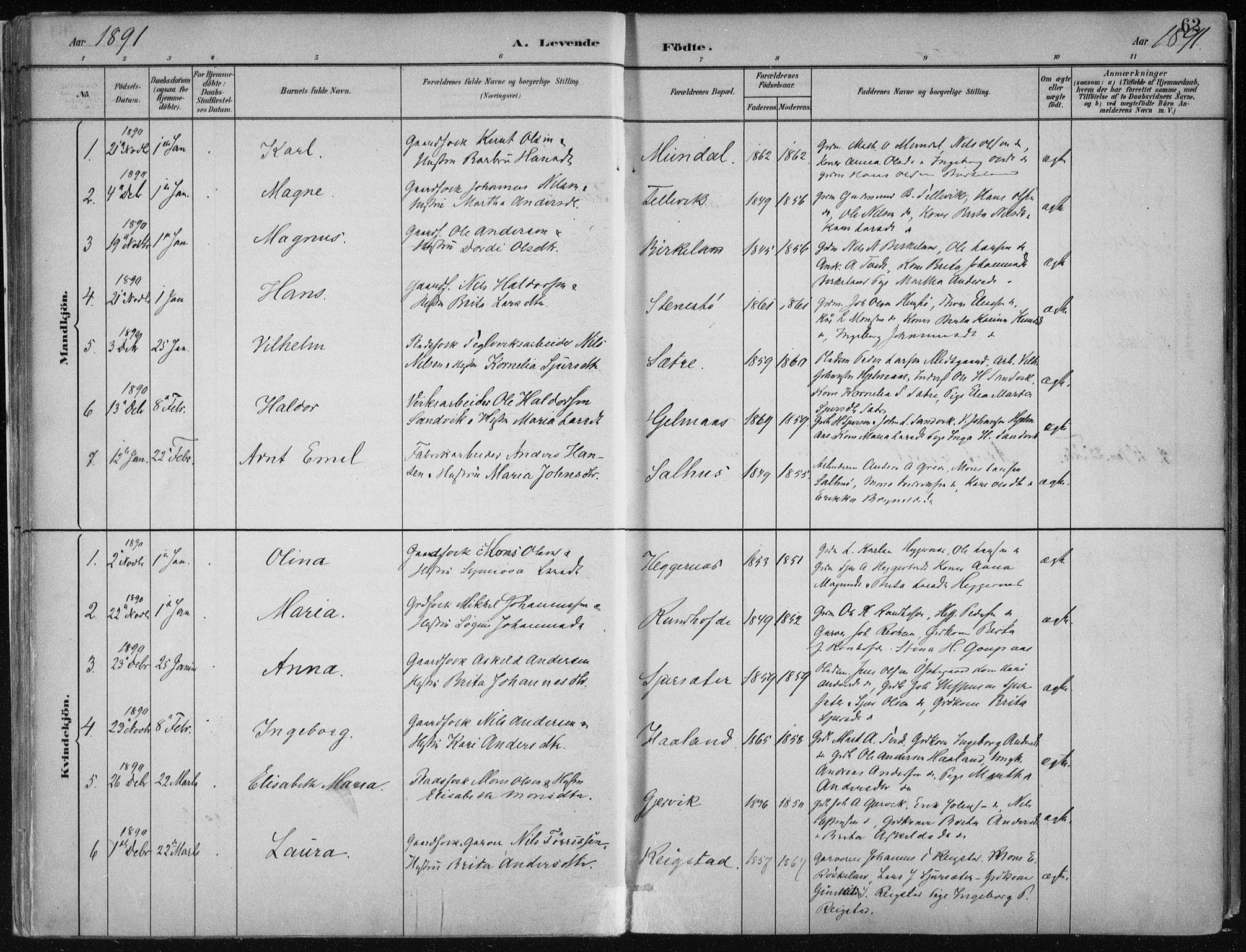 Hamre sokneprestembete, SAB/A-75501/H/Ha/Haa/Haab/L0001: Parish register (official) no. B  1, 1882-1905, p. 62