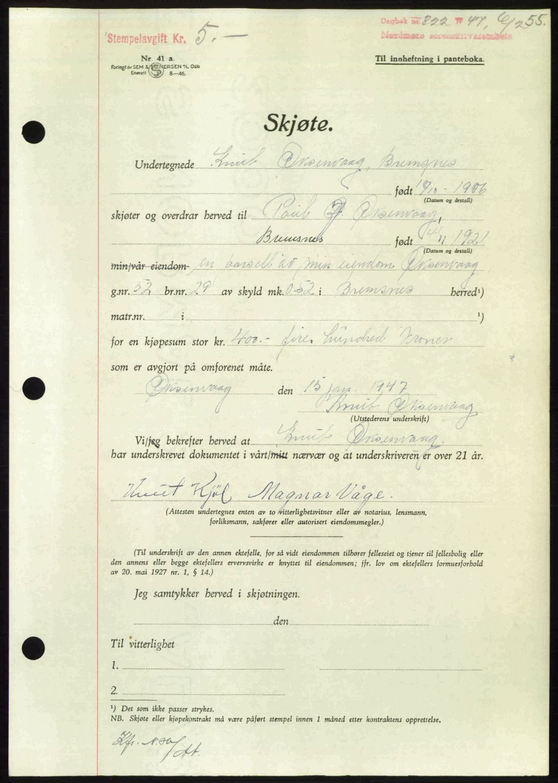 Nordmøre sorenskriveri, AV/SAT-A-4132/1/2/2Ca: Mortgage book no. A104, 1947-1947, Diary no: : 322/1947