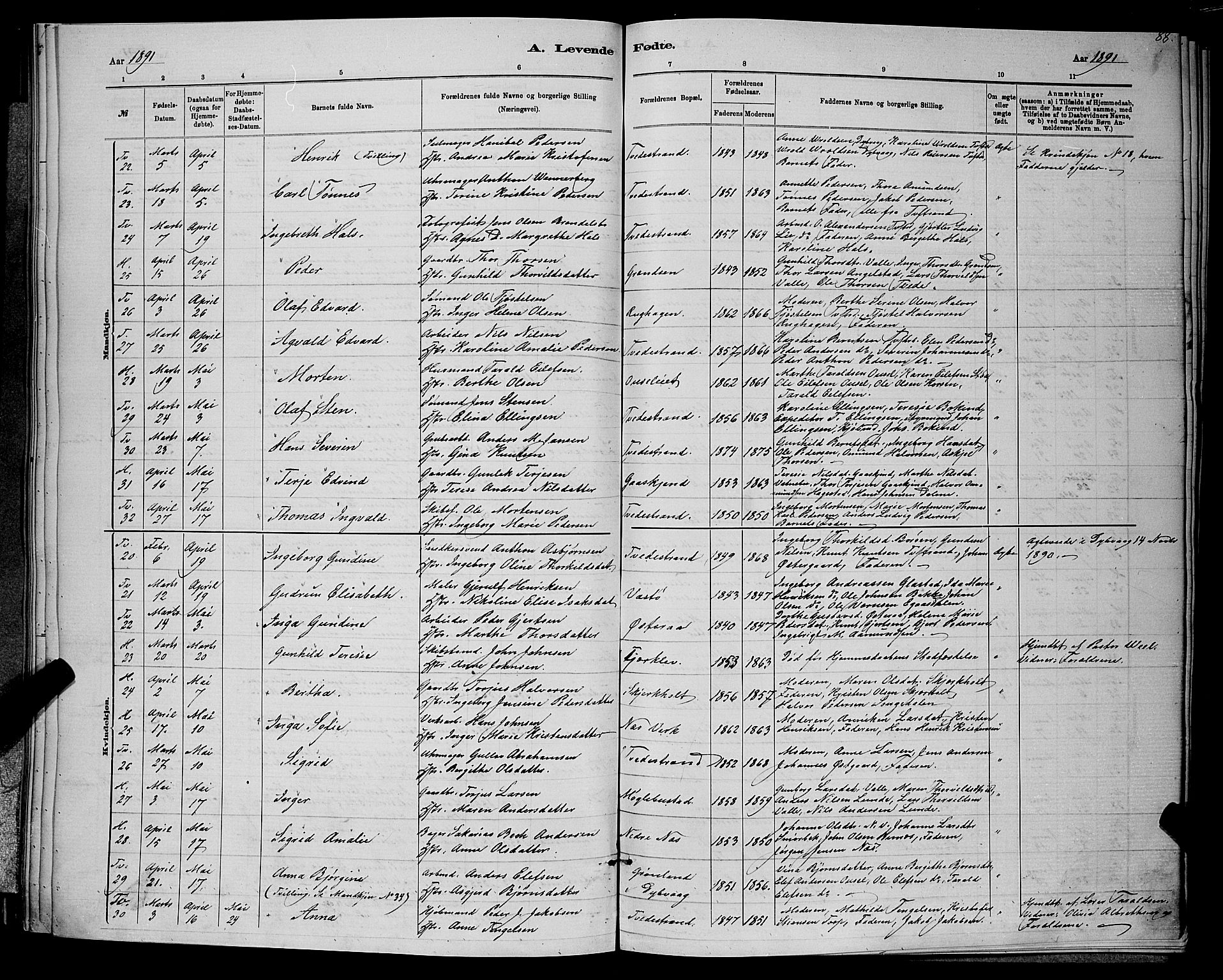 Holt sokneprestkontor, AV/SAK-1111-0021/F/Fb/L0010: Parish register (copy) no. B 10, 1883-1896, p. 88