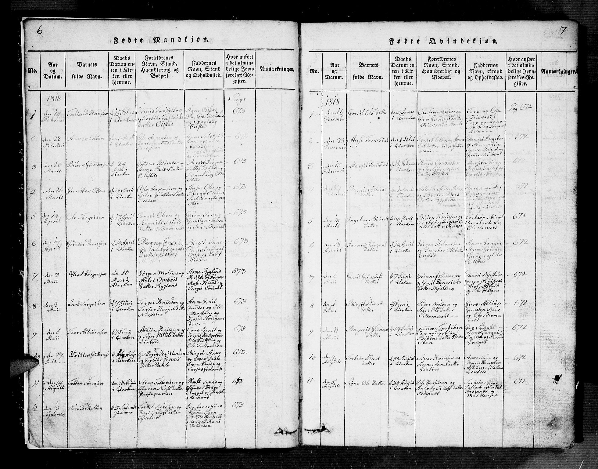 Bygland sokneprestkontor, SAK/1111-0006/F/Fb/Fbb/L0001: Parish register (copy) no. B 1, 1816-1843, p. 6-7