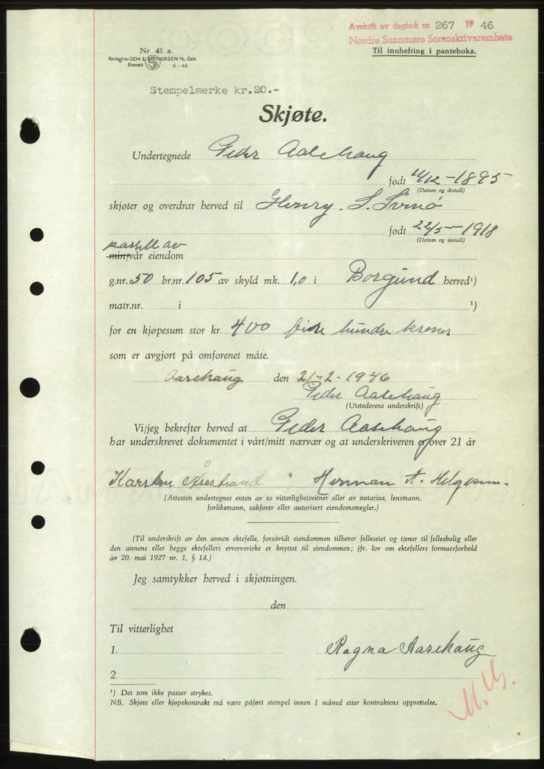 Nordre Sunnmøre sorenskriveri, AV/SAT-A-0006/1/2/2C/2Ca: Mortgage book no. A20b, 1946-1946, Diary no: : 267/1946